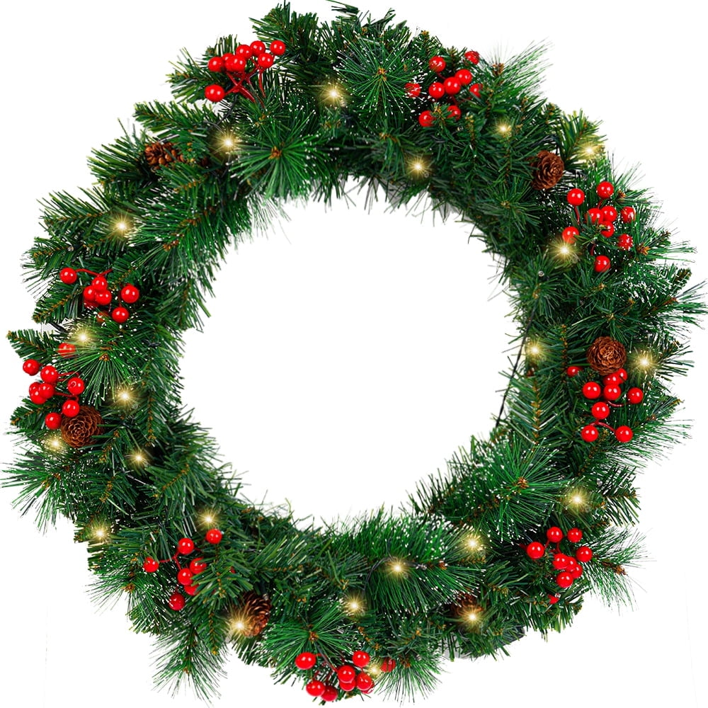 24" Pre-Lit Artificial Christmas Wreaths for Front Door Decorated with Pine Cones, Red Berries, Frosted Branches, 50 LED Lights for Indoor Outdoor Christmas Decorations