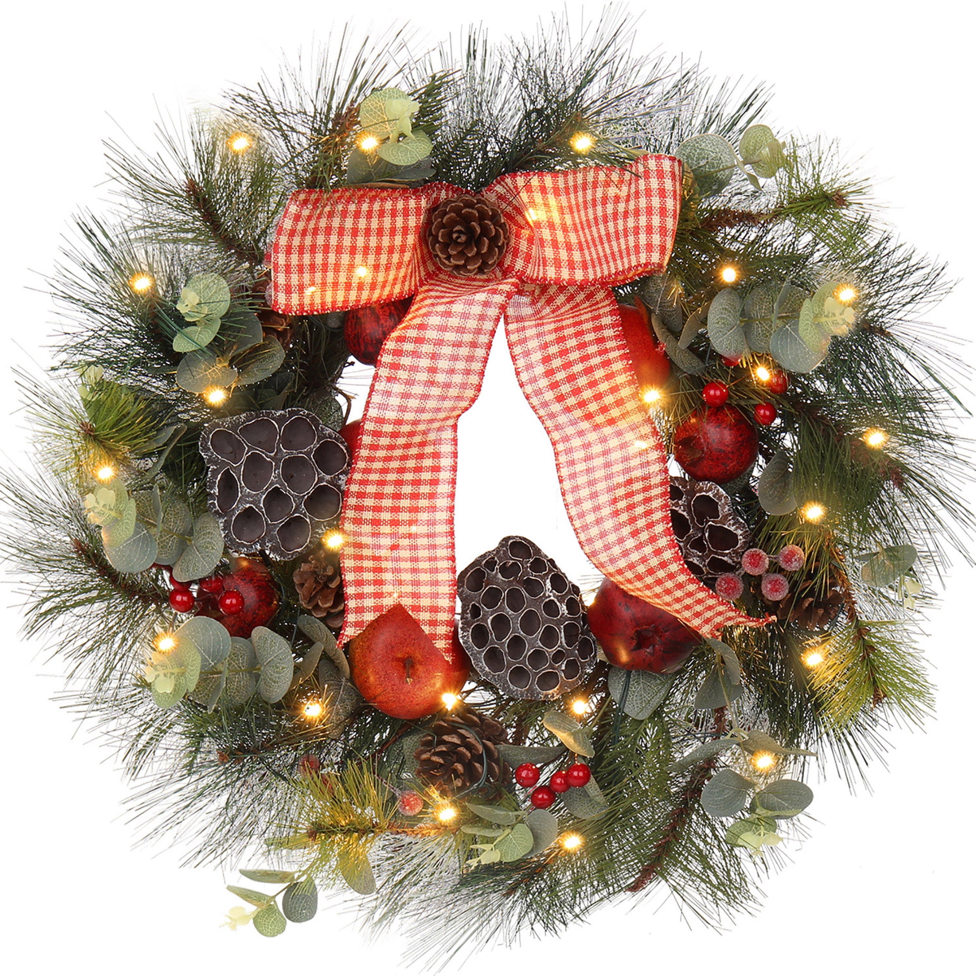 24 inch Christmas Wreath for Front Door Large Xmas Wreath with Bow Ribbon Ornament Pinecone Red Berries Battery LED Lights