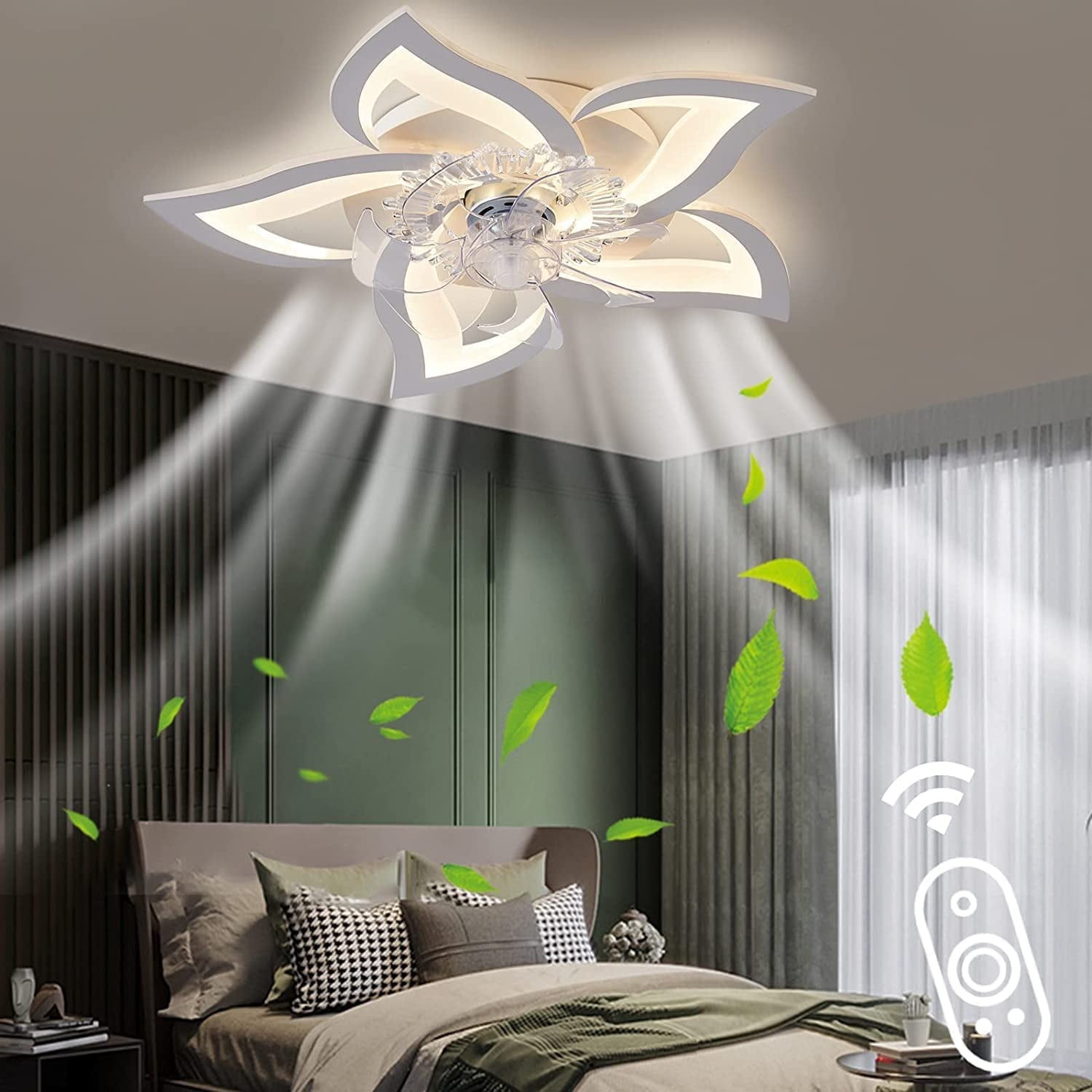 27inch Catfun Ceiling Fan with Lights and Remote Control, 6 Petals Modern Bladeless Flush Mount, Low Profile 3 Switchable LED Light and Ultra Quiet 6 Gear Wind Speed, Ceiling Fan with Smart Timer