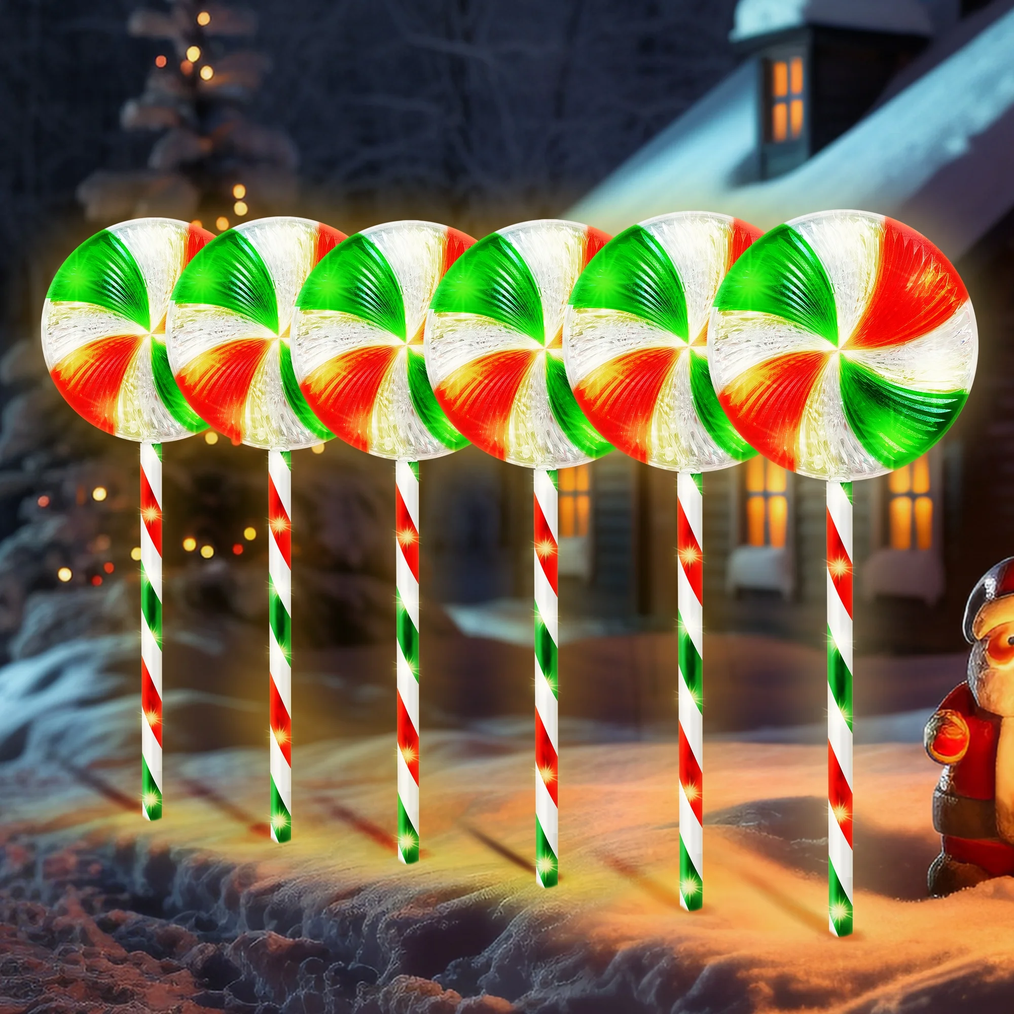 28inch 6PK Christmas Pathway Light Lollipop 8 Lighting Modes Flickering Candy Marker Waterproof Outdoor Christmas Pathway Decor Light