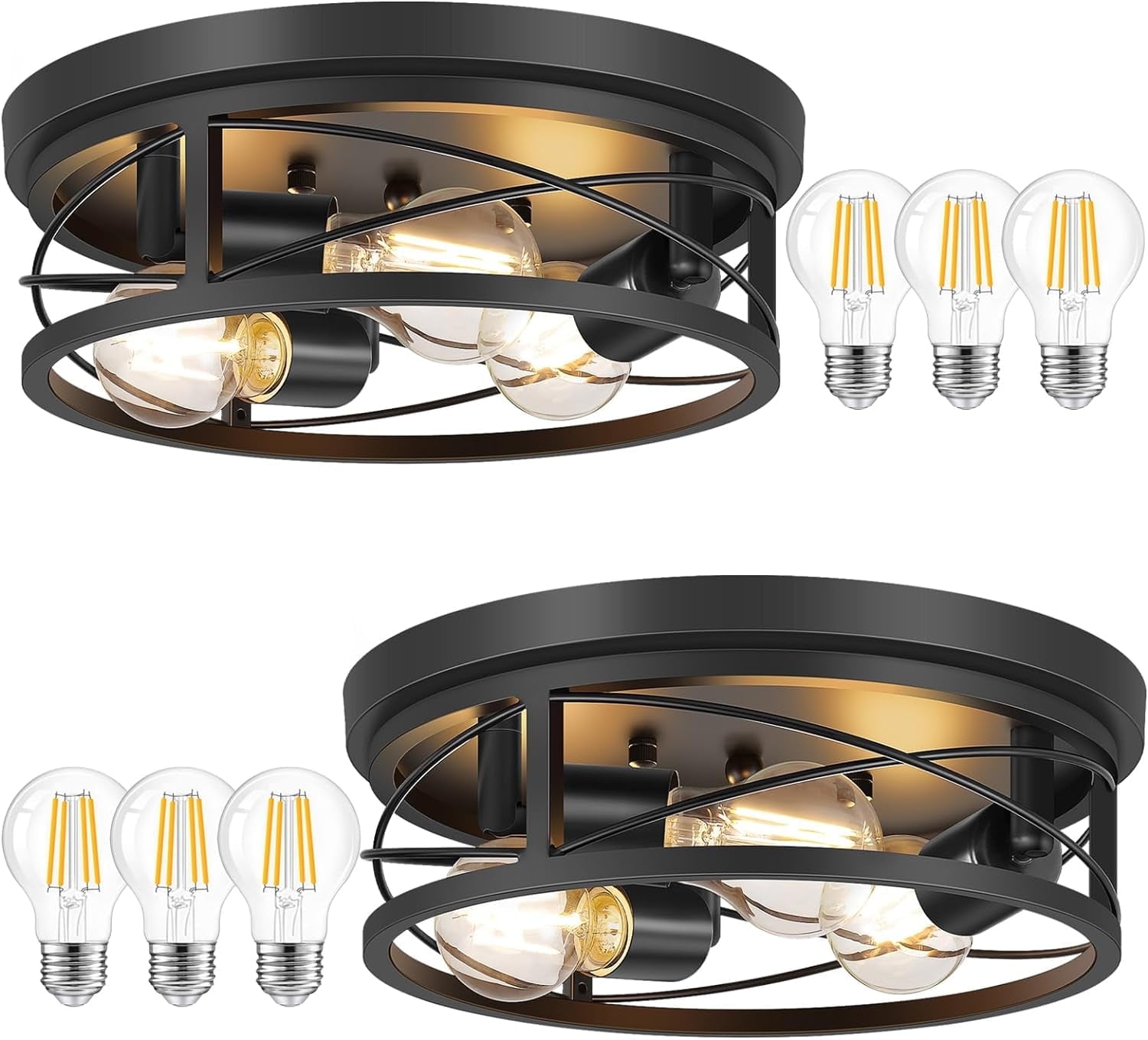 3-Light Flush Mount Ceiling Light Fixtures, 2 Pack, A19 LED Dimmable Bulbs Included