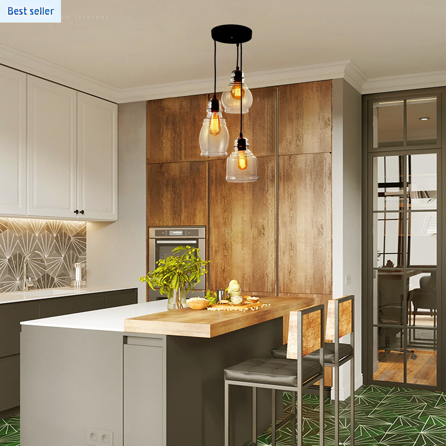 3-Light Pendant Ceiling Light, E26 Base, Vintage Clear Glass Shades Pendant Lighting, for Dinning Room, Classic Kitchen, Living Room