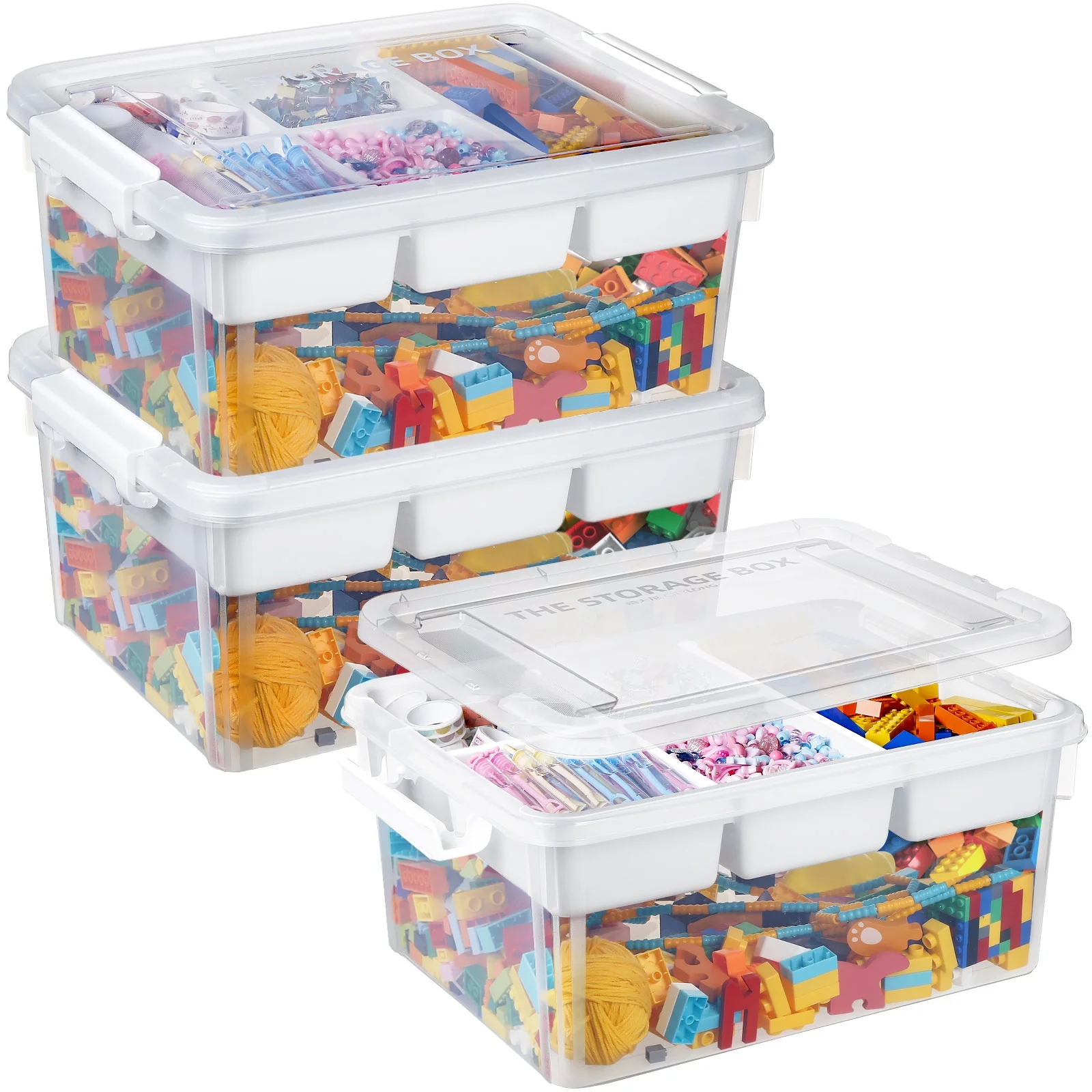 3 Pack Plastic Storage Box with Removable Tray, 17 QT Stackable Craft Organizer with Lid, Clear Storage Container for Organizing Lego, Sewing, Art Craft, Bead, Tool, Playdoh