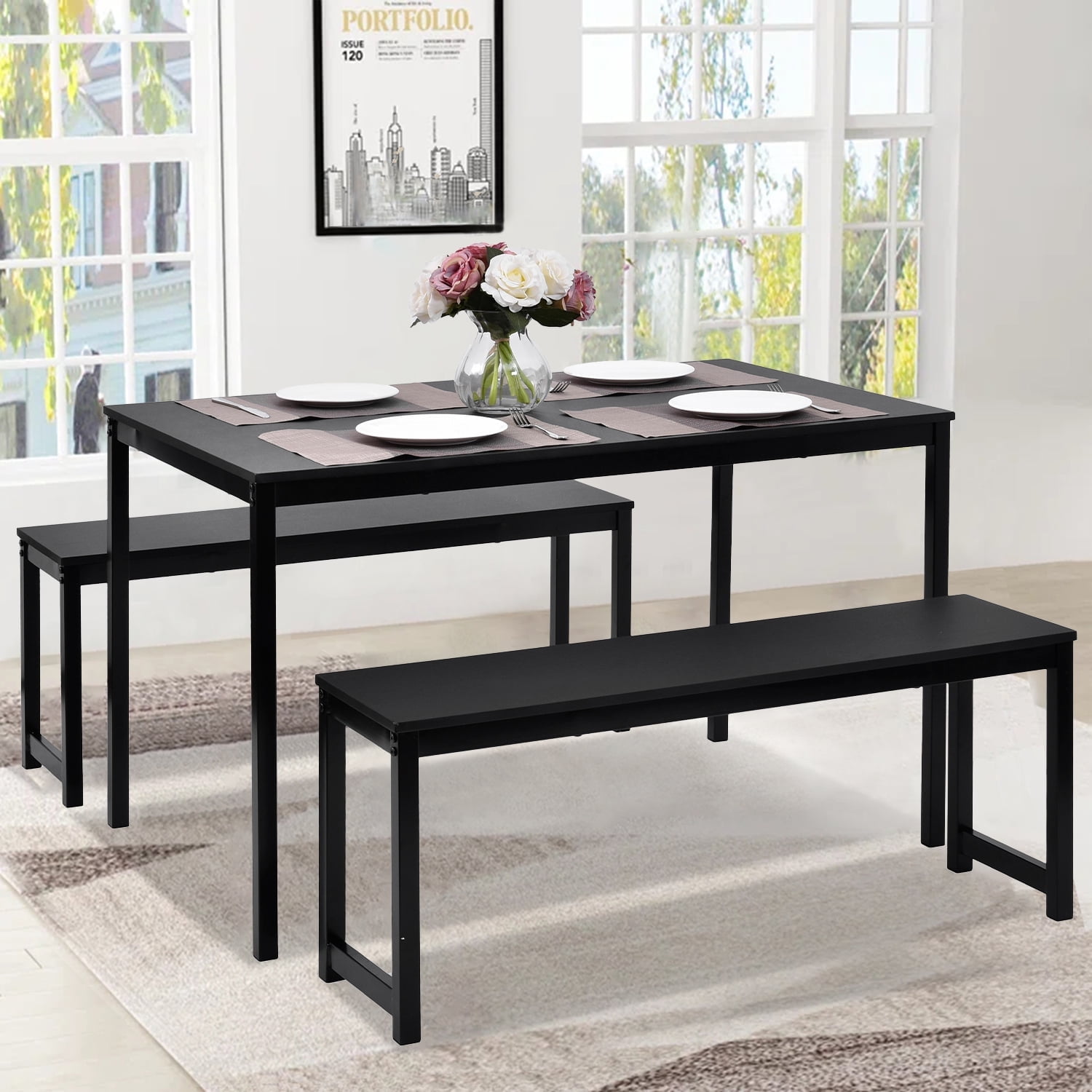 3 Piece Dining Table Set, Modern Wood Table Top Dining Table Set with Bench and Metal Frame, Breakfast Nook Dining Room Set, Dining Set for 4, Kitchen Living Dining Room Furniture, Black