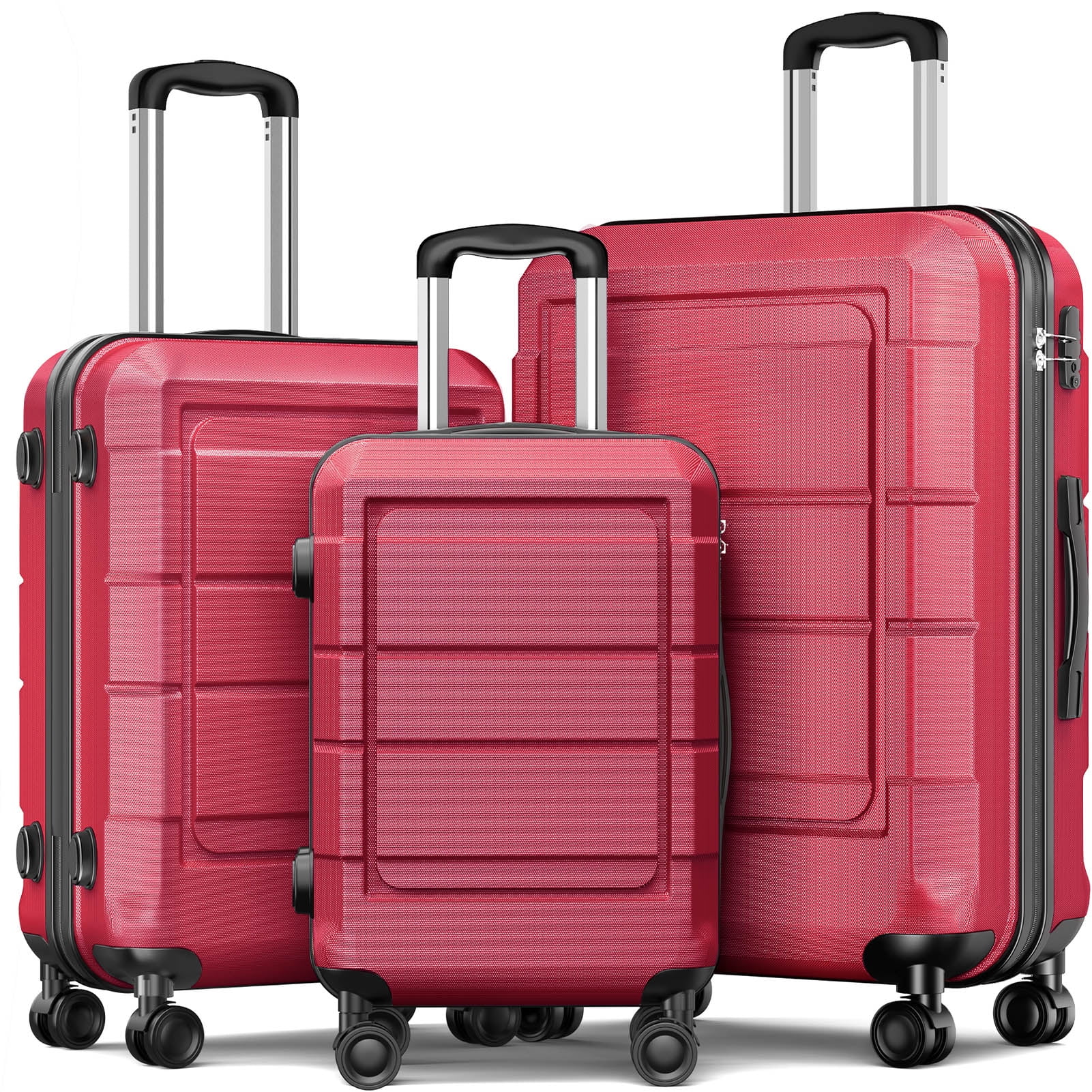 3 Piece Hardshell Luggage Set with Spinner Wheels – TSA Locks, Lightweight Suitcase, 20/24/28 inches-Red