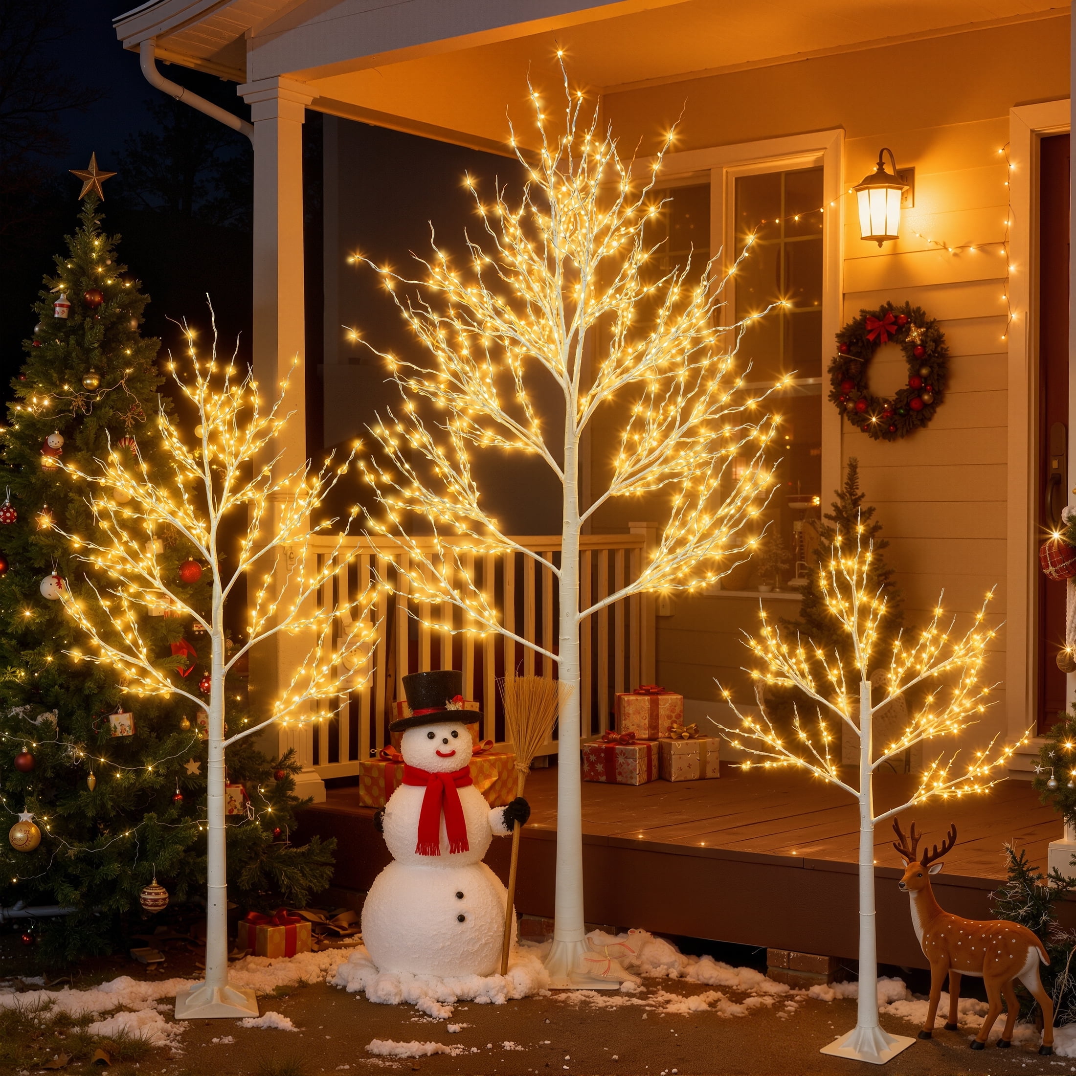 3-Pieces Lighted Birch Trees Sets, Segmart Indoor Outdoor Christmas Tree with 650 LED, Stand and Timer, Christmas Porch Decorations Lighted Trees Artificial for Festival, Party,6FT+5FT+4FT