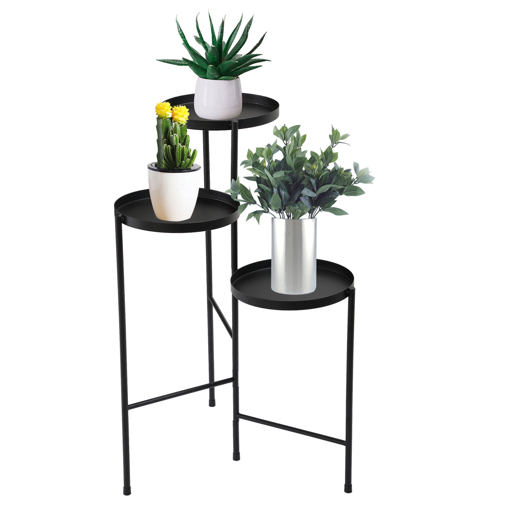 3 Tier Foldable Metal Plant Stand, Planter Display Shelf Rack with Trays for Living Room, Balcony, Black
