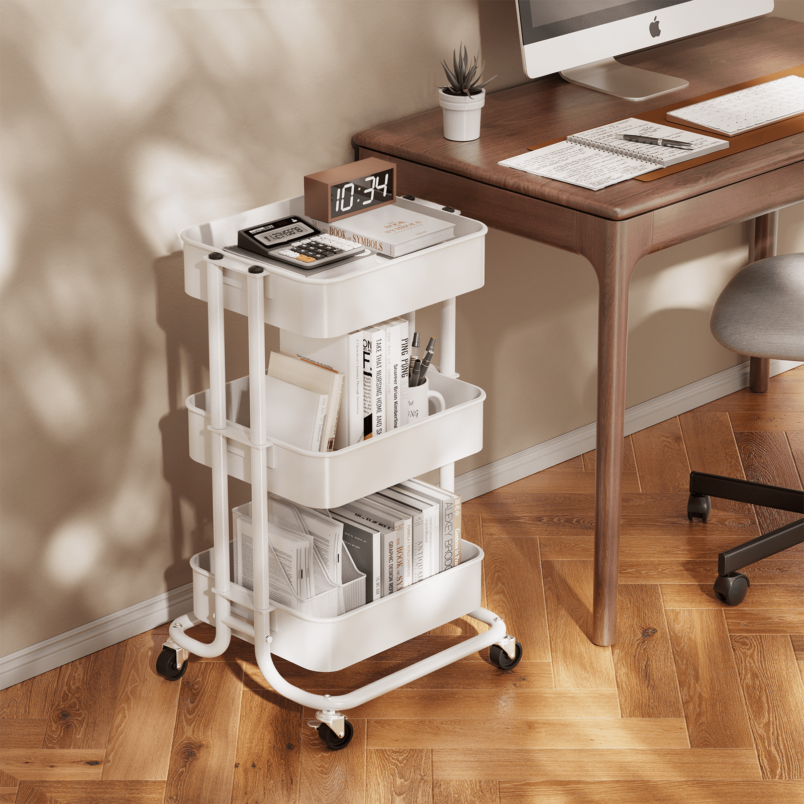 3 Tier Mesh Utility Cart Rolling Metal Organization Cart with Handle and Lockable Wheels for Kitchen Living Room Office,White