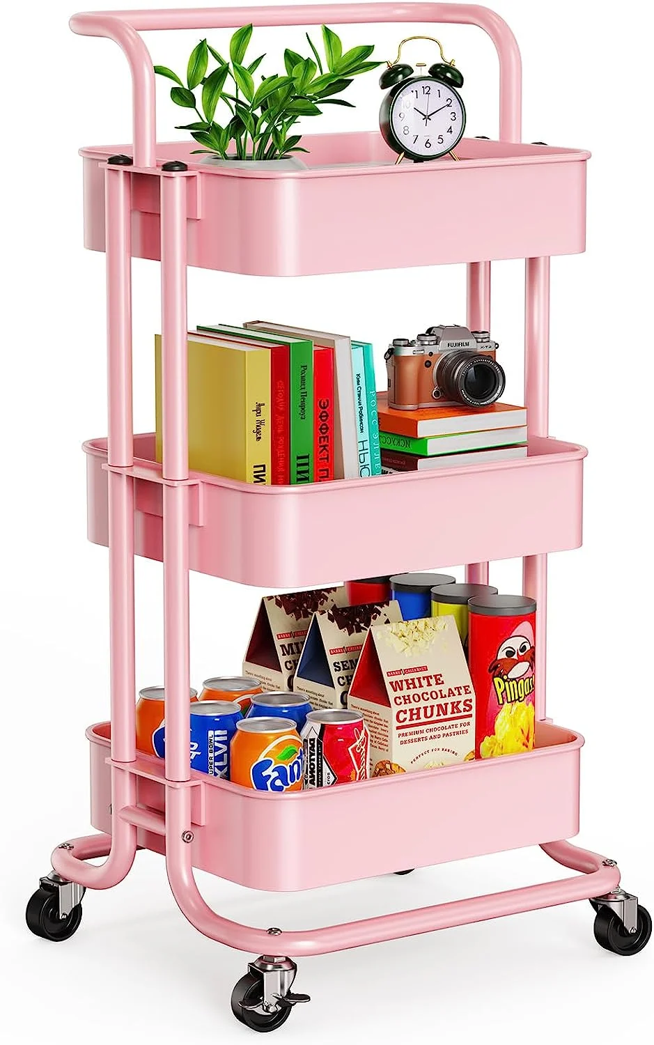 3-Tier Metal Rolling Cart Utility Cart Storage Cart with Lockable Wheels for Kitchen Bathroom Office(Pink)