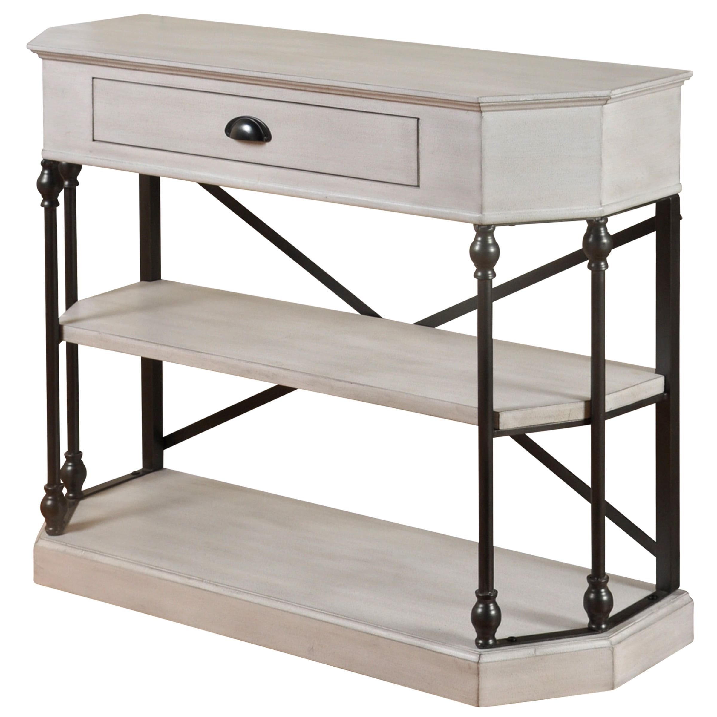 3 Tier Single Drawer Clipped Corner Console Table - Black Metal Frame - Antique White Finish