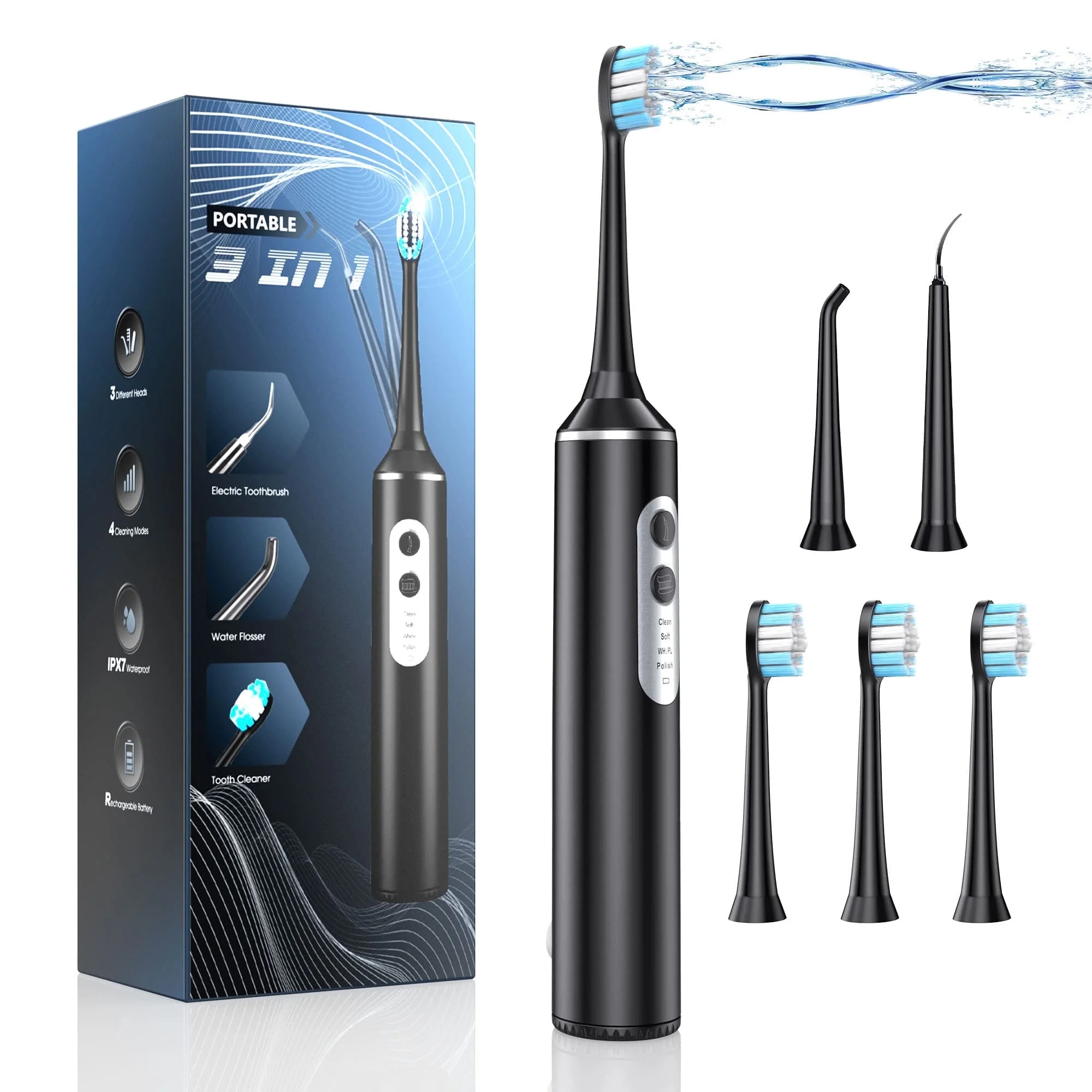 3 in 1 Electric Toothbrush with Water Flosser, Water Dental Flosser & Tooth Brush Combo, Teeth Irrigator Cleaning Kit with 4 Modes, Portable Electric Toothbrush for Travel Home
