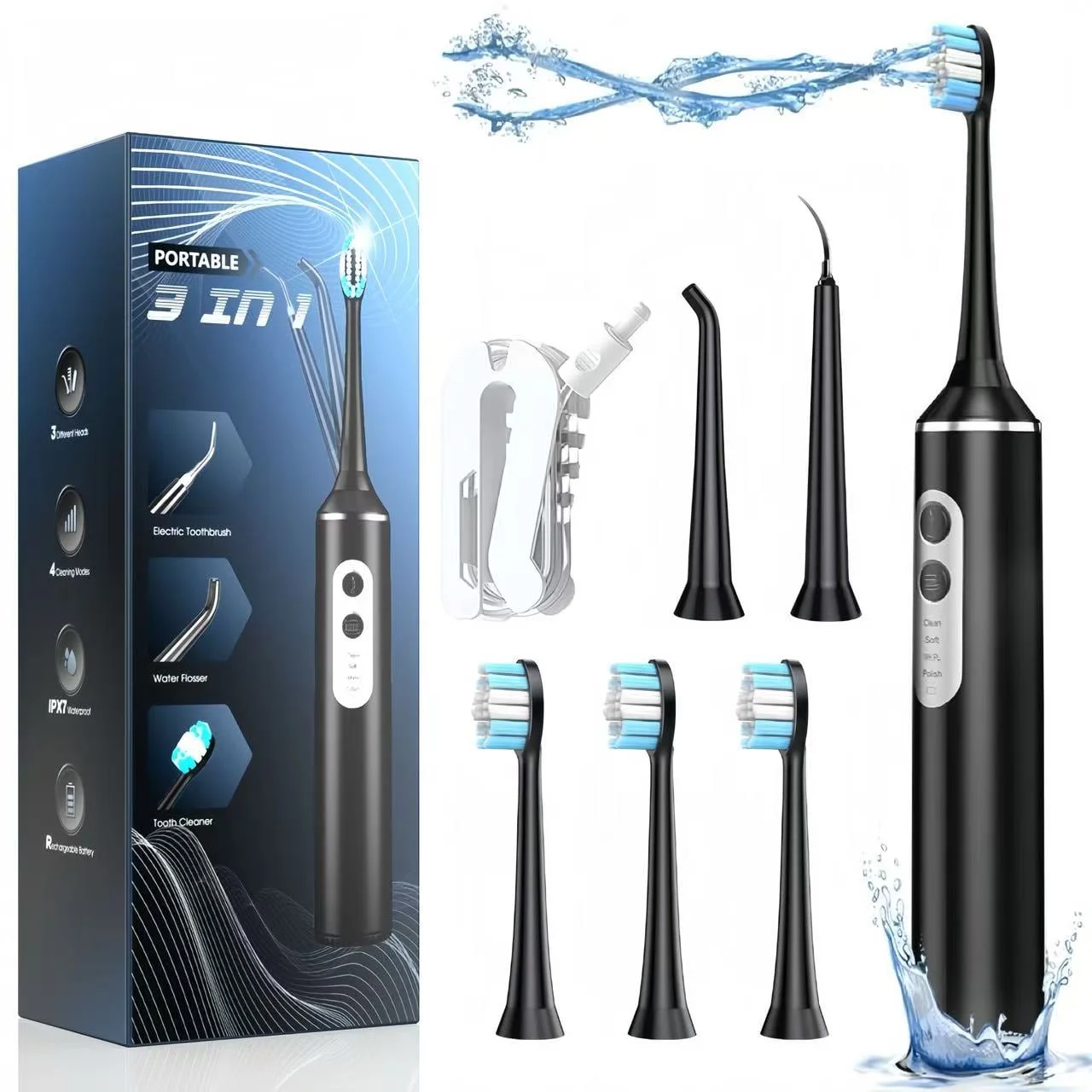 3 in 1 Electric Toothbrush with Water Flosser, Electric Toothbrush & Water Flosser Combo, Teeth Irrigator Cleaning Kit with 4 Modes, Portable Electric Toothbrush for Travel Home