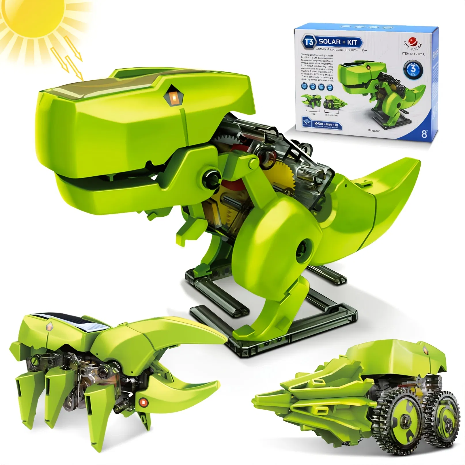 CEDQ Educational STEM Toys, 3-in-1 Solar Robot Dinosaur Kit, DIY STEM Dinosaur, Insect Unicorn, Drilling car Toys, Science Kit for Kids 8-12 Years Old Gifts, Build a Robot DIY Toys, Green