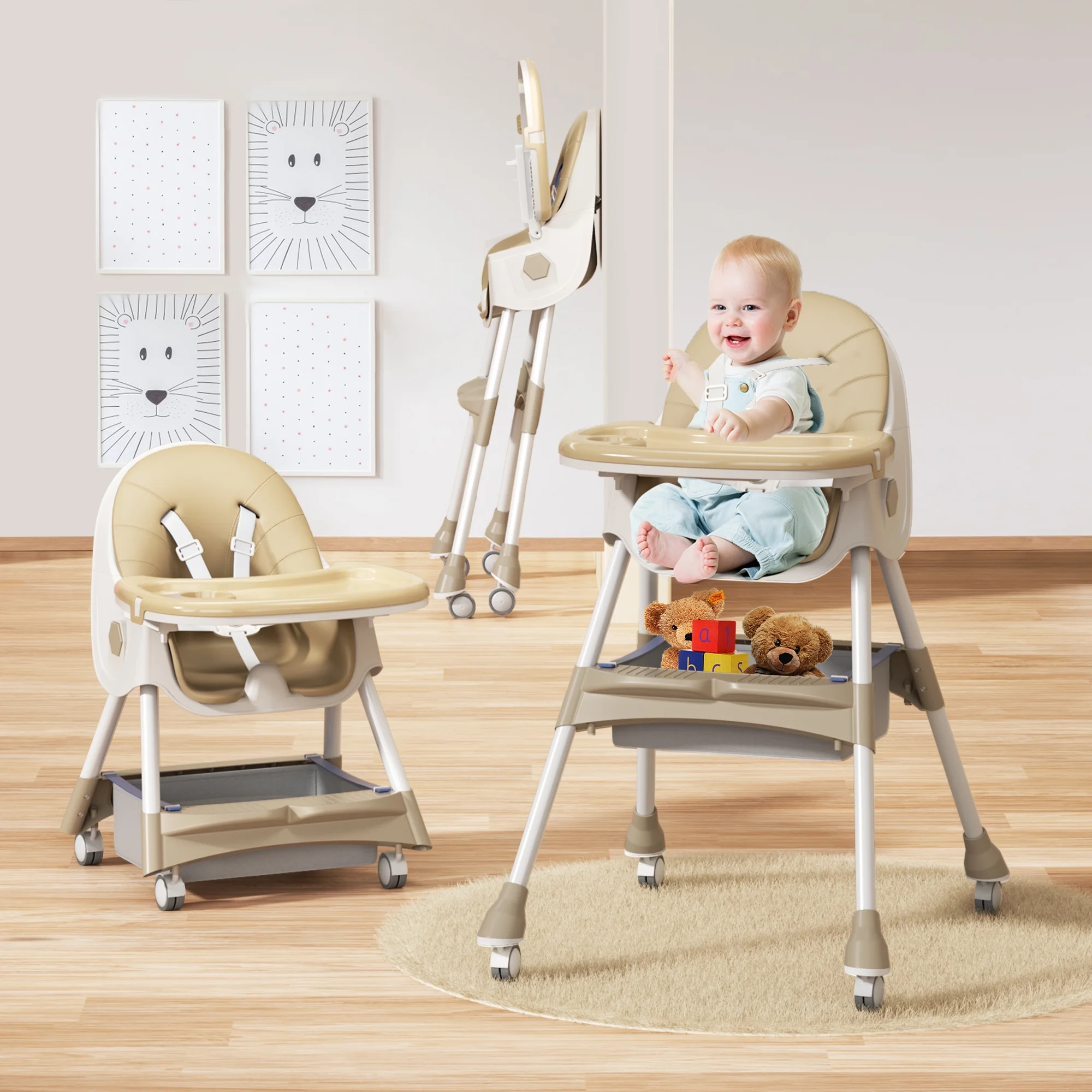 3 in 1 High Chair, Convertible High Chairs for Babies and Toddlers with Removable Tray & PU Cushion