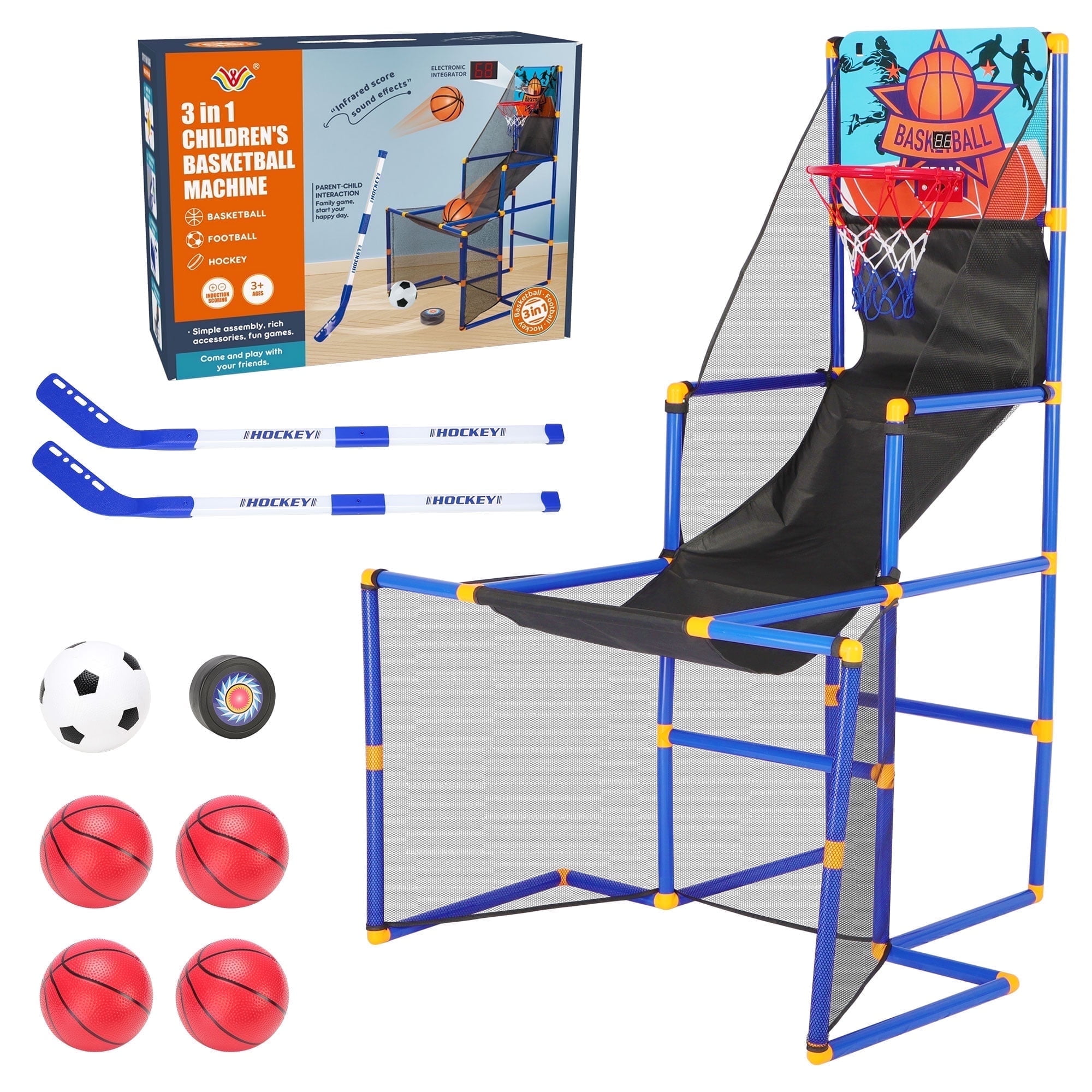 3 in-1 Kids Arcade Basketball Game & Hockey & Soccer, With 4 Basketball Balls, Football, Hockey, Hockey Stick, Pump, Electronic Scoreboard Sound for Toddlers, Basketball Goal for Kids Boys Girls