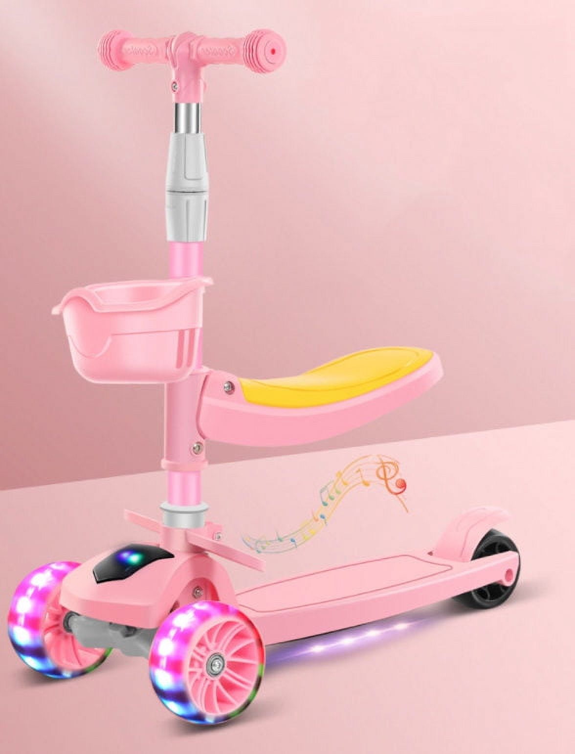 3 in 1 Kids Kick Scooter,3 LED Flashing Wheels Children Walkers Toddler Scooters with Removable Seat,Adjustable Handle T-Bar for Kids Birthday Gifts