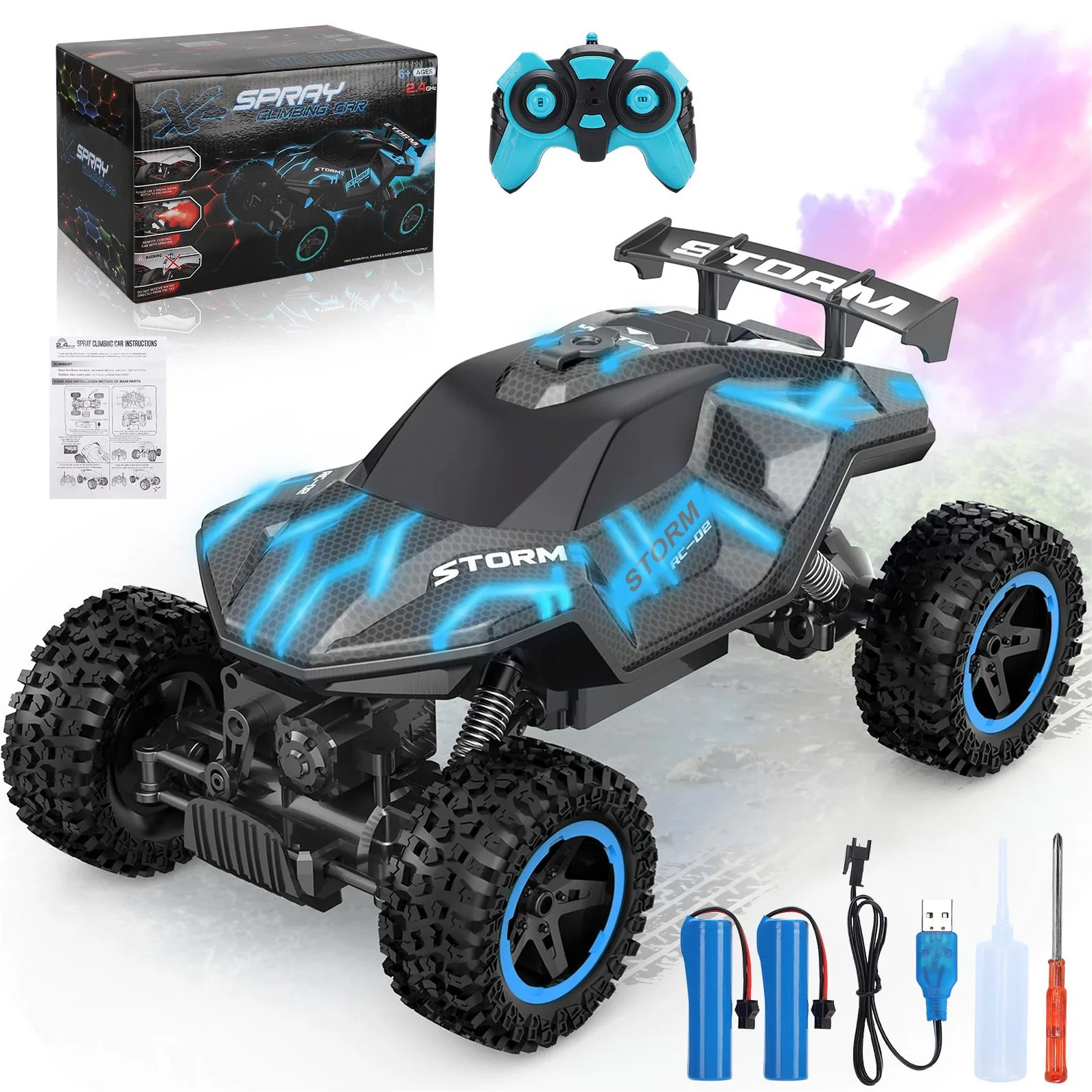 1:16 RC Car Remote Control Car, 60+min Monster Truck with Lights and Spray Function, All Terrain Off Road RC Monster Vehicle Truck for Kids, 2400Mah Battery