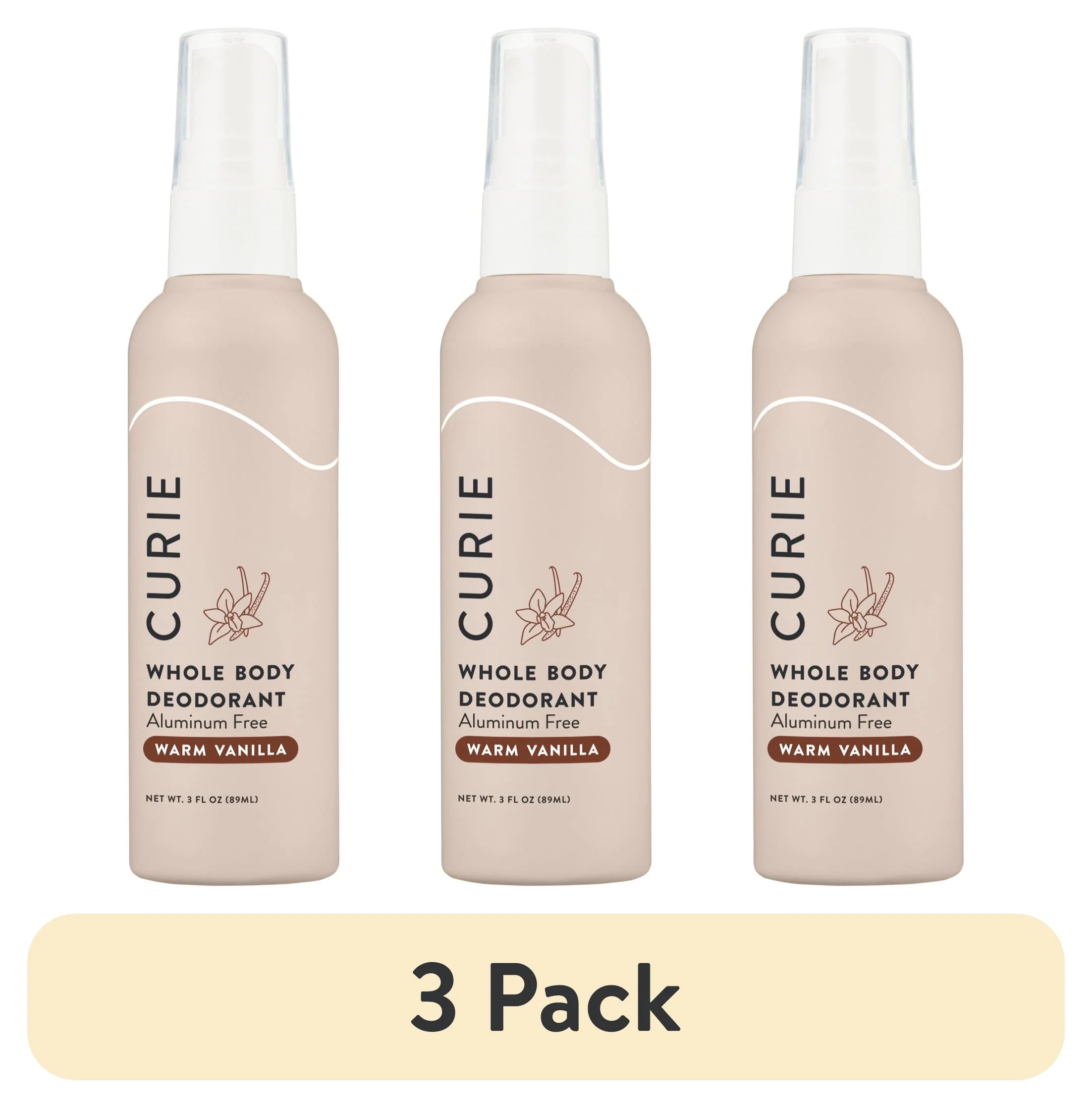 (3 pack) Curie Whole Body Deodorant, for Men and Women, Aluminum-Free, Warm Vanilla, 3 fl oz