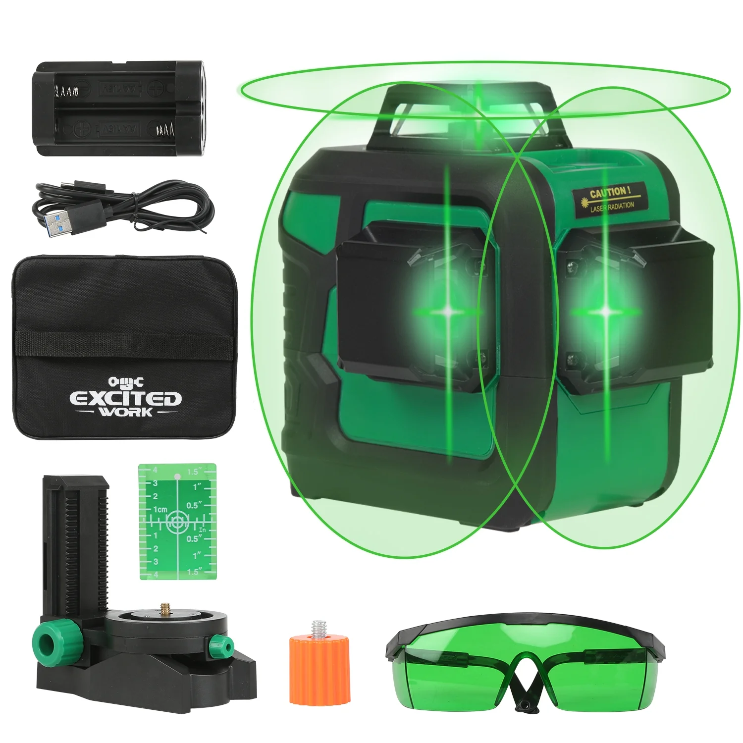 3D Cross-Line Laser Level Self-Leveling 3x360 12-Line Green Beam Up to 100ft, Magnetic Stand - AA and Rechargeable Batteries, Type-C USB Charging By Excited Work