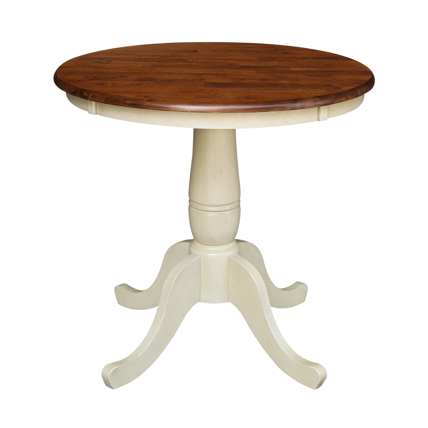 30" Round Top Pedestal Dining Table, 28.9"H in Antiqued Almond/Espresso