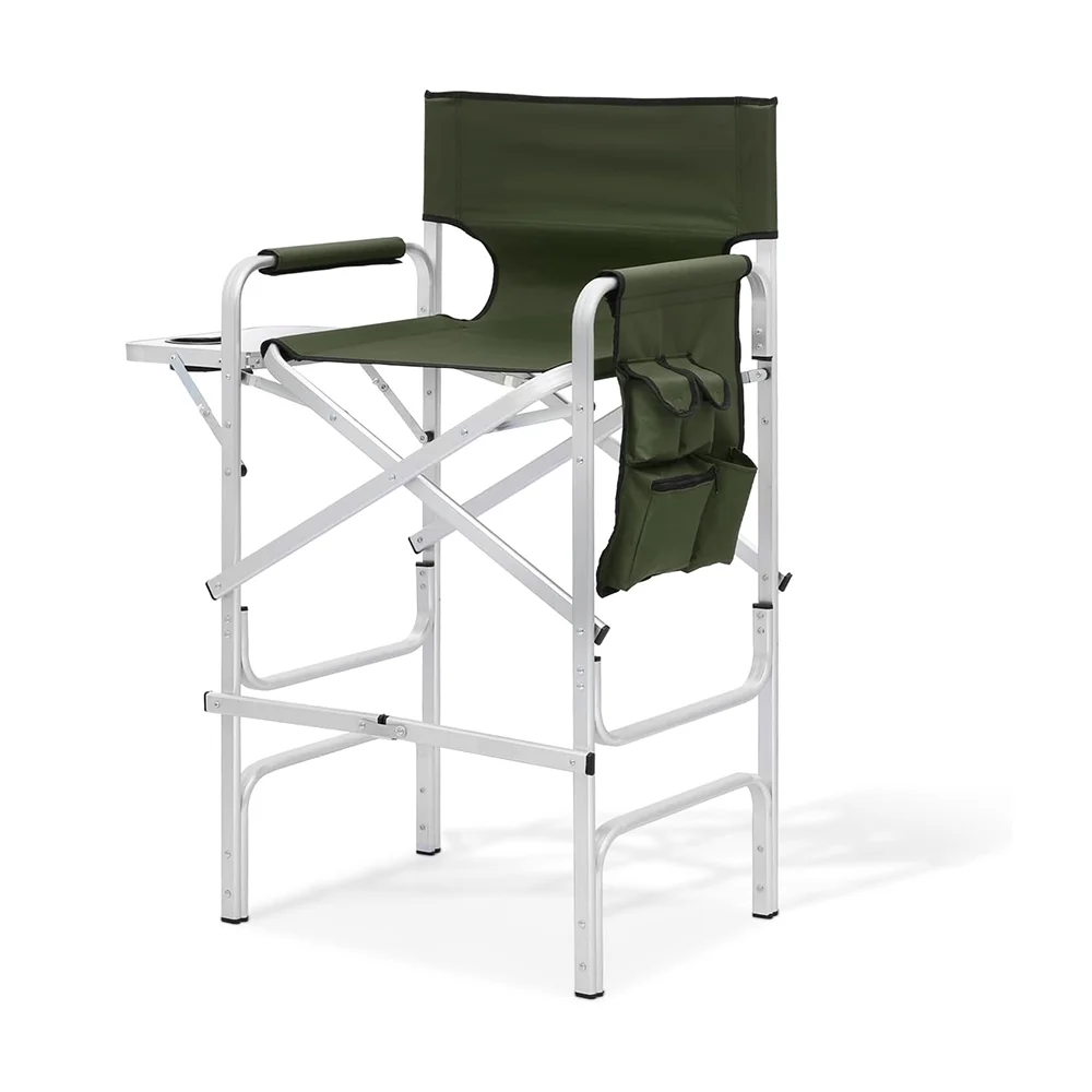 31-Inch Height Folding Camping Tall Directors Chair with Side Table Foldable Portable Makeup Artist Chair, Dark Green