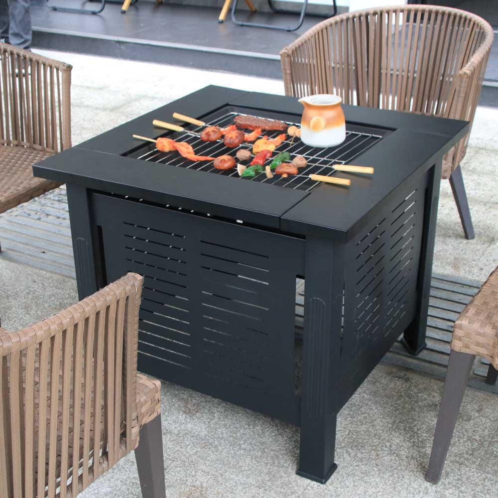 2 in 1 Smokeless Fire Pit Table for Outdoor Patio, Square Steel Heater with Removable Lid, Grill Over Stove, Multifunctional Firepit Table for Garden, Deck, Balcony, Backyard
