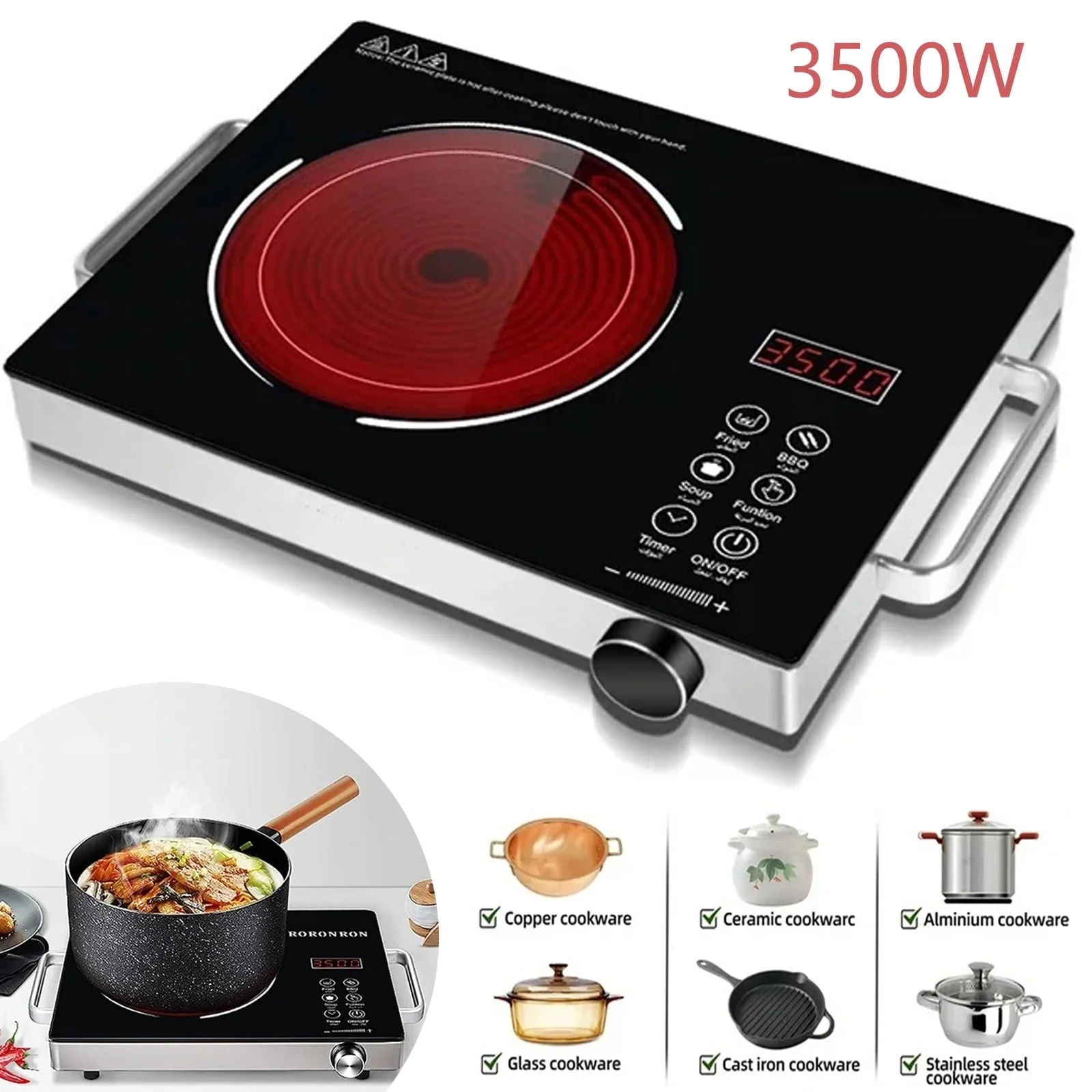 3500W Electric Ceramic Stove,Portable Cooktop,Infrared Induction Cooker Hot Plate,with All Cookware,Heat-Up In 5S with Timer,LED Screen,One-piece Panel for Easy Cleaning