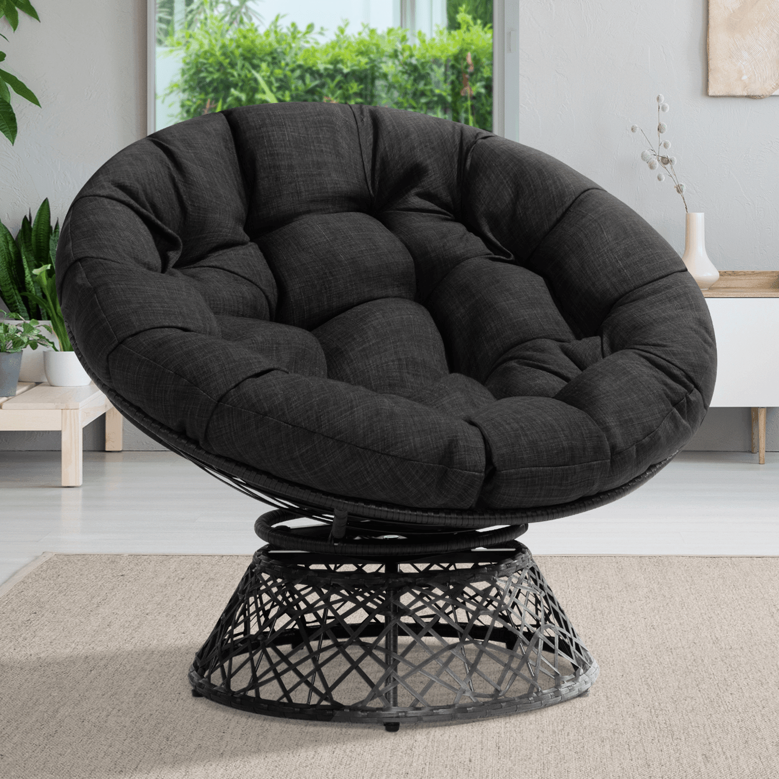 360 Swivel Comfy Papasan Chair with Fabric Cushion, Metal Frame, Black Cushion - Black Base