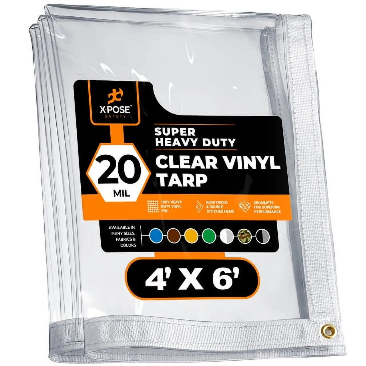 4' x 6' Clear Vinyl Tarp - Super Heavy Duty 20 Mil Transparent Waterproof PVC Tarpaulin with Brass Grommets - for Patio Enclosure, Camping, Outdoor Tent Cover, Porch Canopy - by Xpose Safety