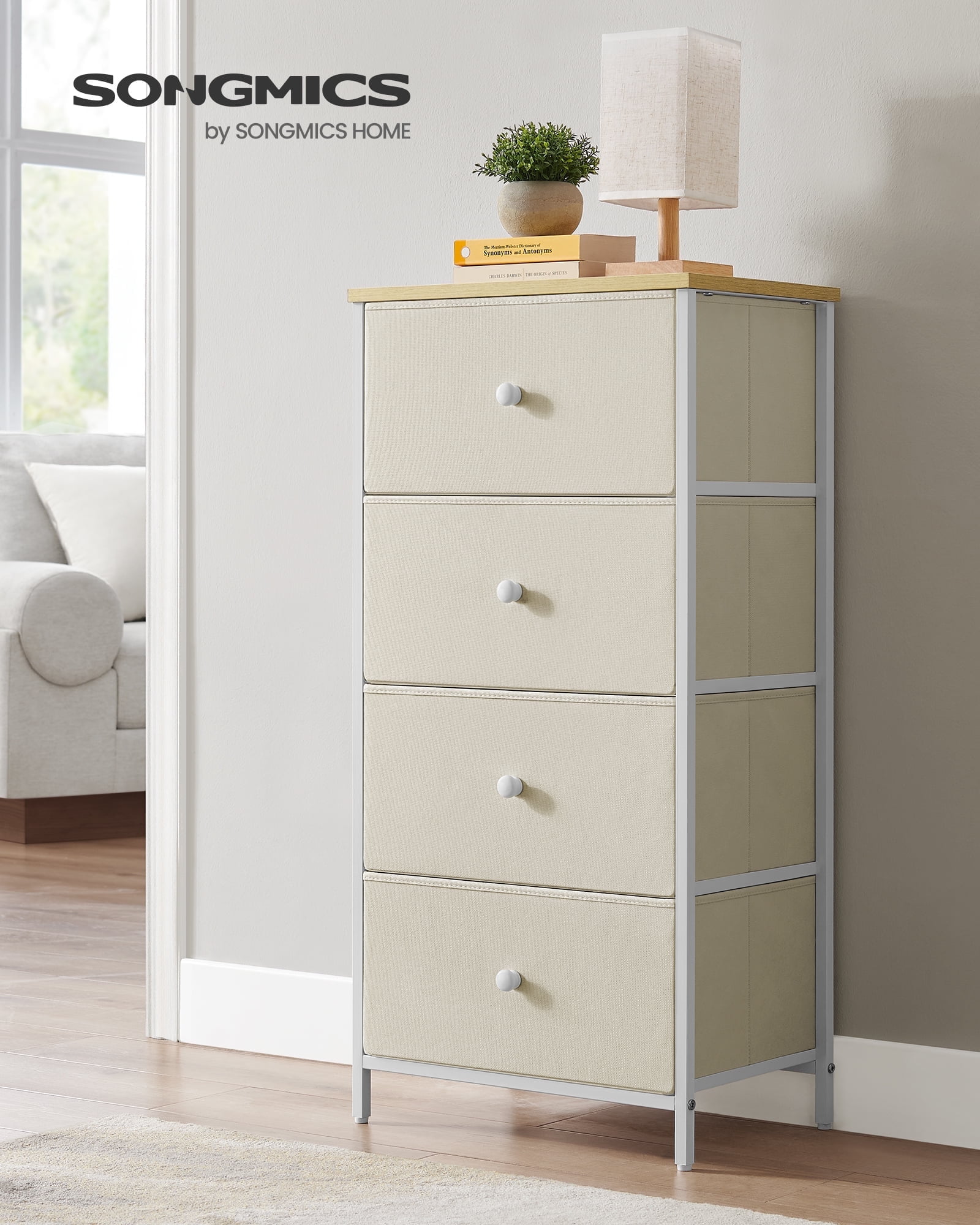 4-Drawer Fabric Dresser, Camel Yellow + Cream White, 11.8"D x 31.5"W x 28"H