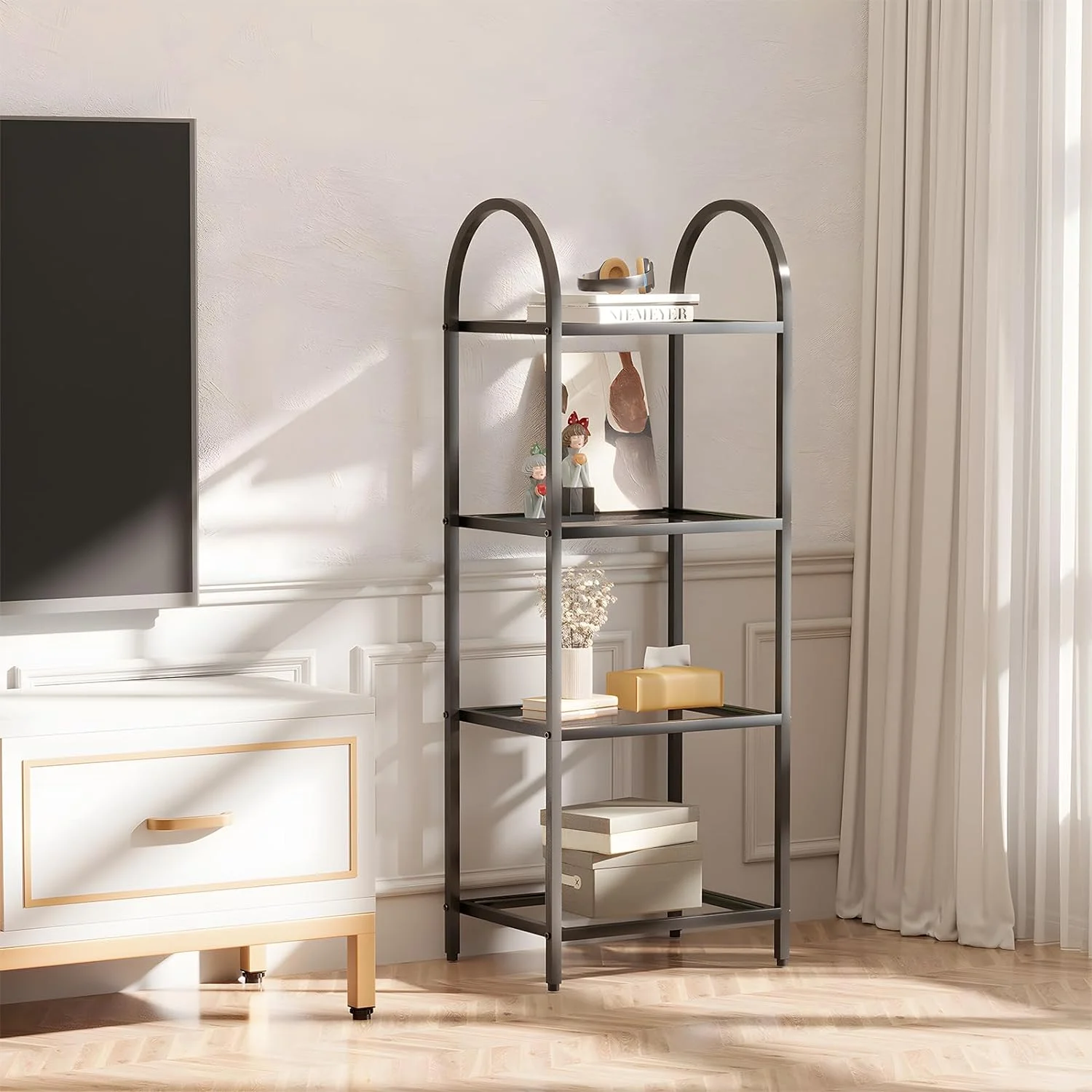 4-Tier Bookcase Small Bookshelf Narrow Tempered Glass Bookshelves Slim Shelving Unit for for Living Room, Bedroom, Home Office, Black