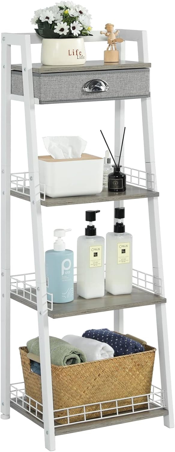 4-Tier Ladder Shelf with Drawer,x-Cosrack Ladder Bookshelf Bookcase Storage Rack Shelves,Industrial Bookcase with Steel Frame,White