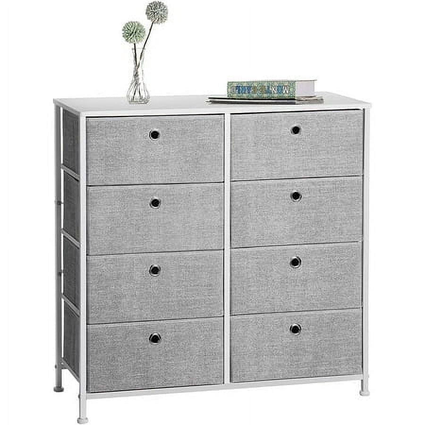 4-Tier Storage Dresser with 8 Easy Pull Fabric Drawers and Wooden Tabletop for Closets Dorm Room Light Gray and White