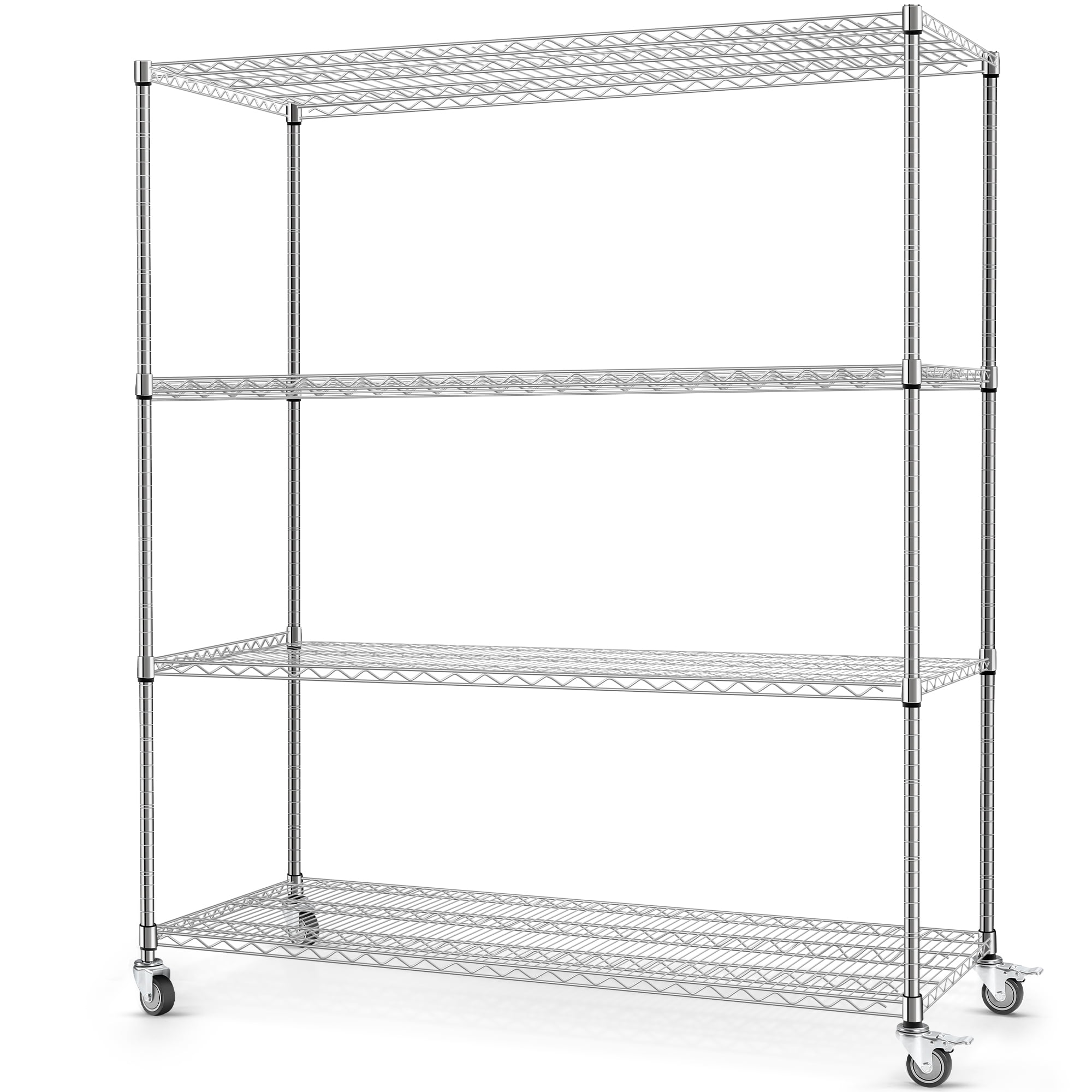 4-Tier 60"x 24"x72" Heavy Duty Wire Shelving with Wheels, Silver Metal Shelves ,Chrome 2400Lbs Capacity Garage Shelving