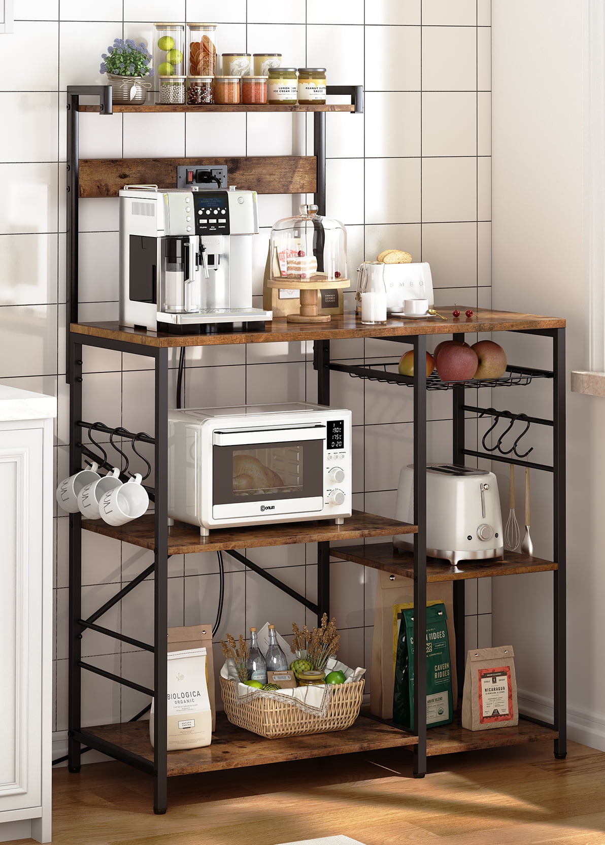 4 Tiers Bakers Rack with Power Outlets, Coffee Bar Table with 6 Hooks, Wood Microwave Stand with Wire Basket, Kitchen Storage Shelf, Kitchen Rack in Brown