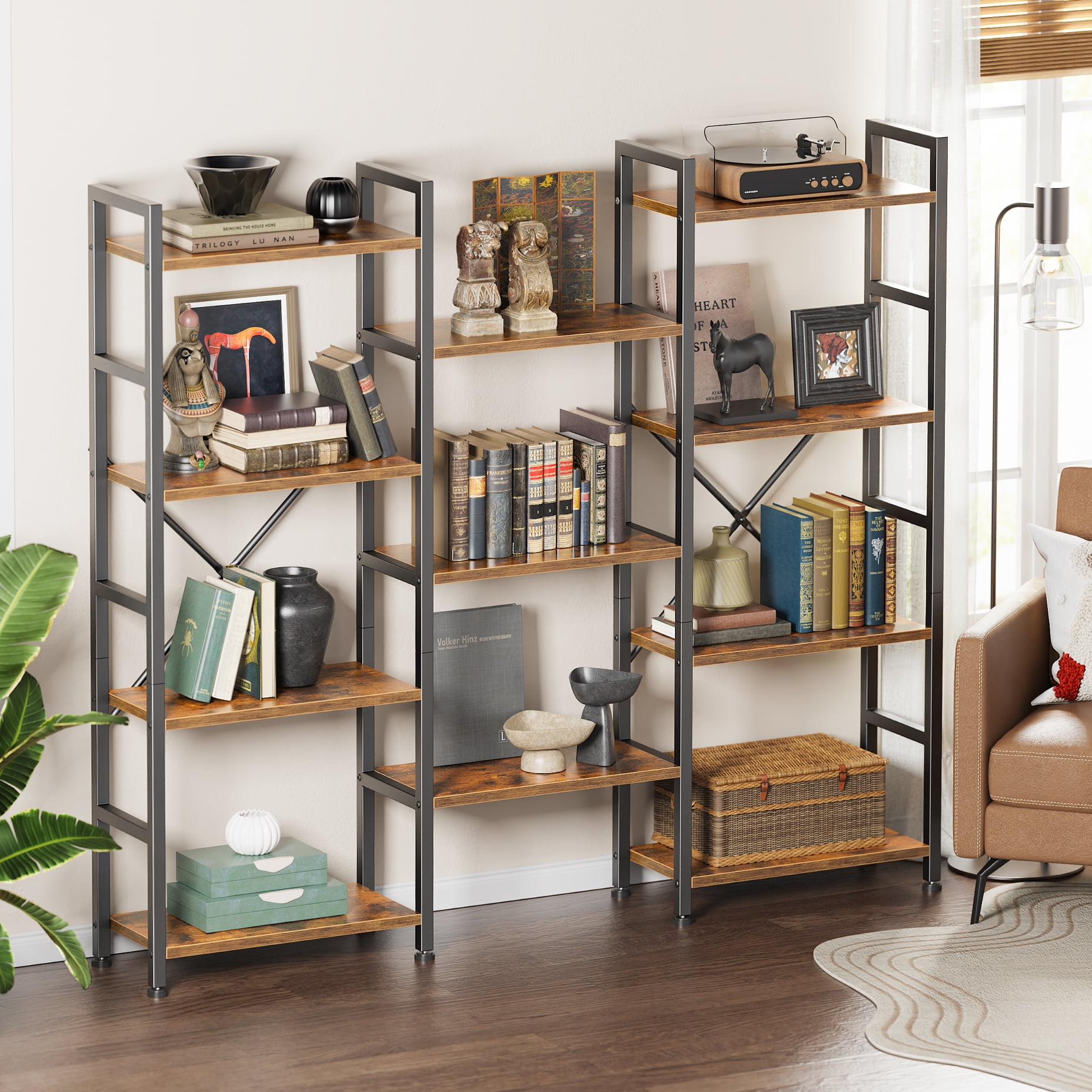 4 Tiers Industrial Bookcase and Bookshelf, Metal Wood 11 Display Shelves, Large Book Shelf for Living Room, Storage Shelf Organizer, Book Case in Brown