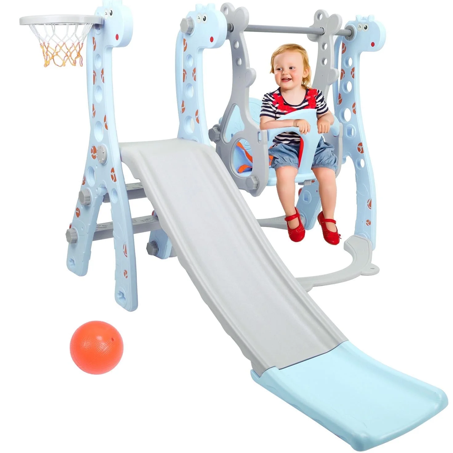 EOTVIA 4 In 1 Toddler Swing And Slide Set For Kids Age 1 To 5, Toddler Indoor Playground For Children Baby Swing Set With Swing, Climber, Ball, Basketball Hoop And Long Slide For Boys And Girls, Blue