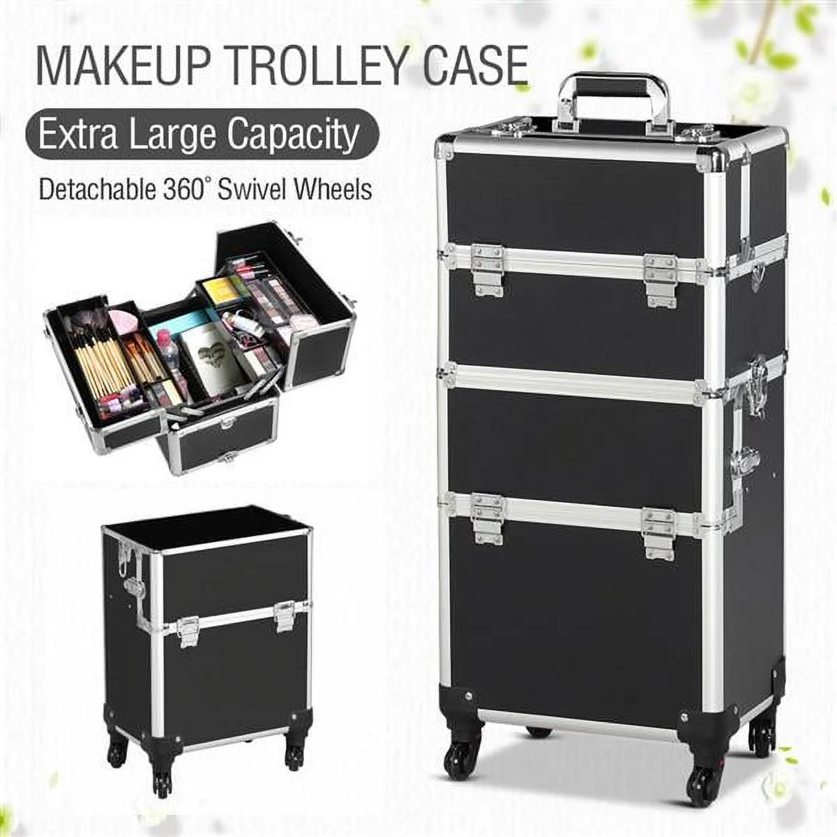 4 360-degreed Wheels 3-in-1 Professional Aluminum Artist Rolling Trolley Makeup Train Case Cosmetic Organizer Makeup Case for Beauty Chains W/shoulder Straps (Black)