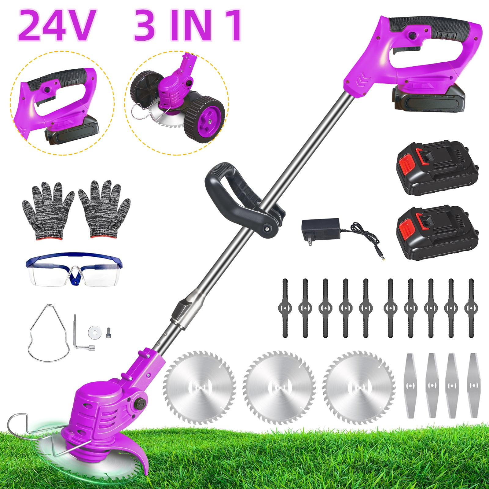 3-in-1 Wheel Edger Mini-Mower, Electric Weed Wacker 2x1.5A Battery Powered