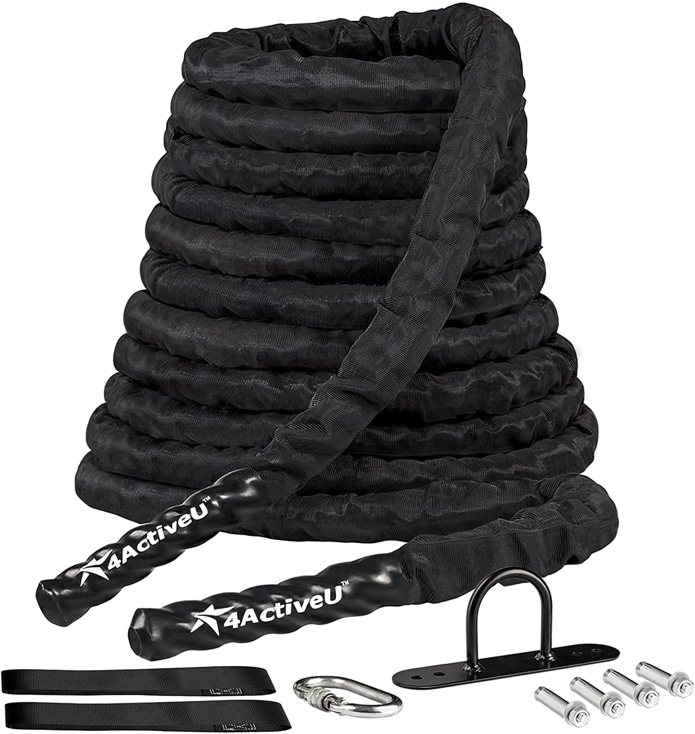 4ActiveU Battle Rope 50ft Length Heavy Battle Exercise Training Rope Workout Rope Fitness Rope for Strength Training Home Gym Outdoor Cardio Workout, Anchor Included 1.5 Inch Diameter