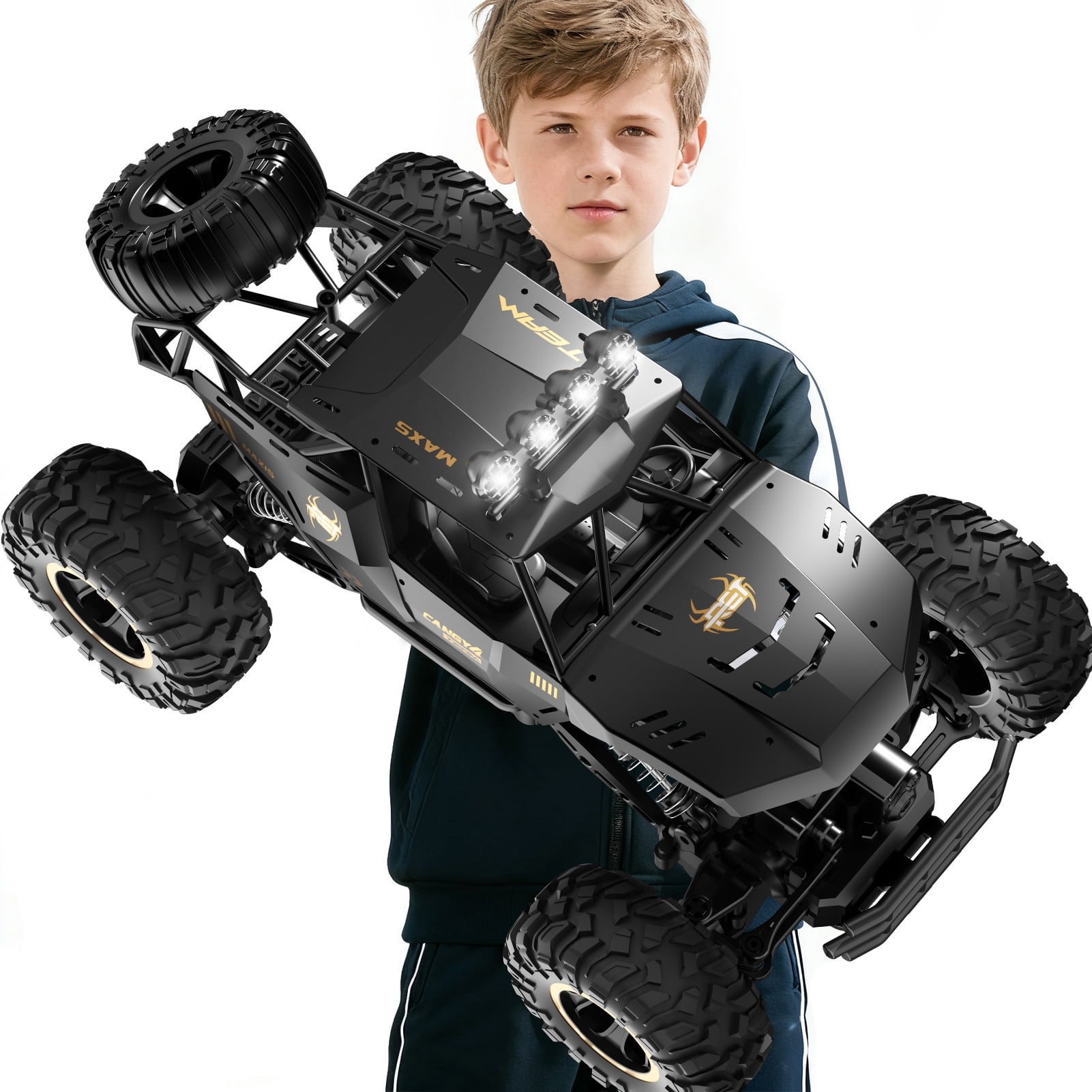 4DRC 1:12 Rc Car,off Road Truck Remote Control Car Metal Shell 2.4G 4WD Dual Motors, with 2 Batteries Black
