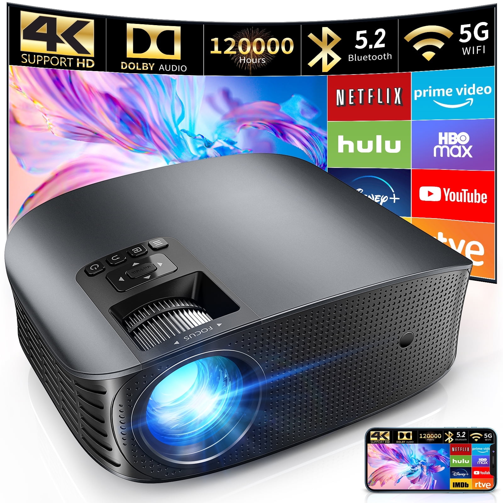 4K 1080P Mini Projector, with 5G WiFi and Bluetooth, Support Dolby and 2 HIFI Speaker, 600 ANSI Portable Projector for Home Theater, Auto Focus