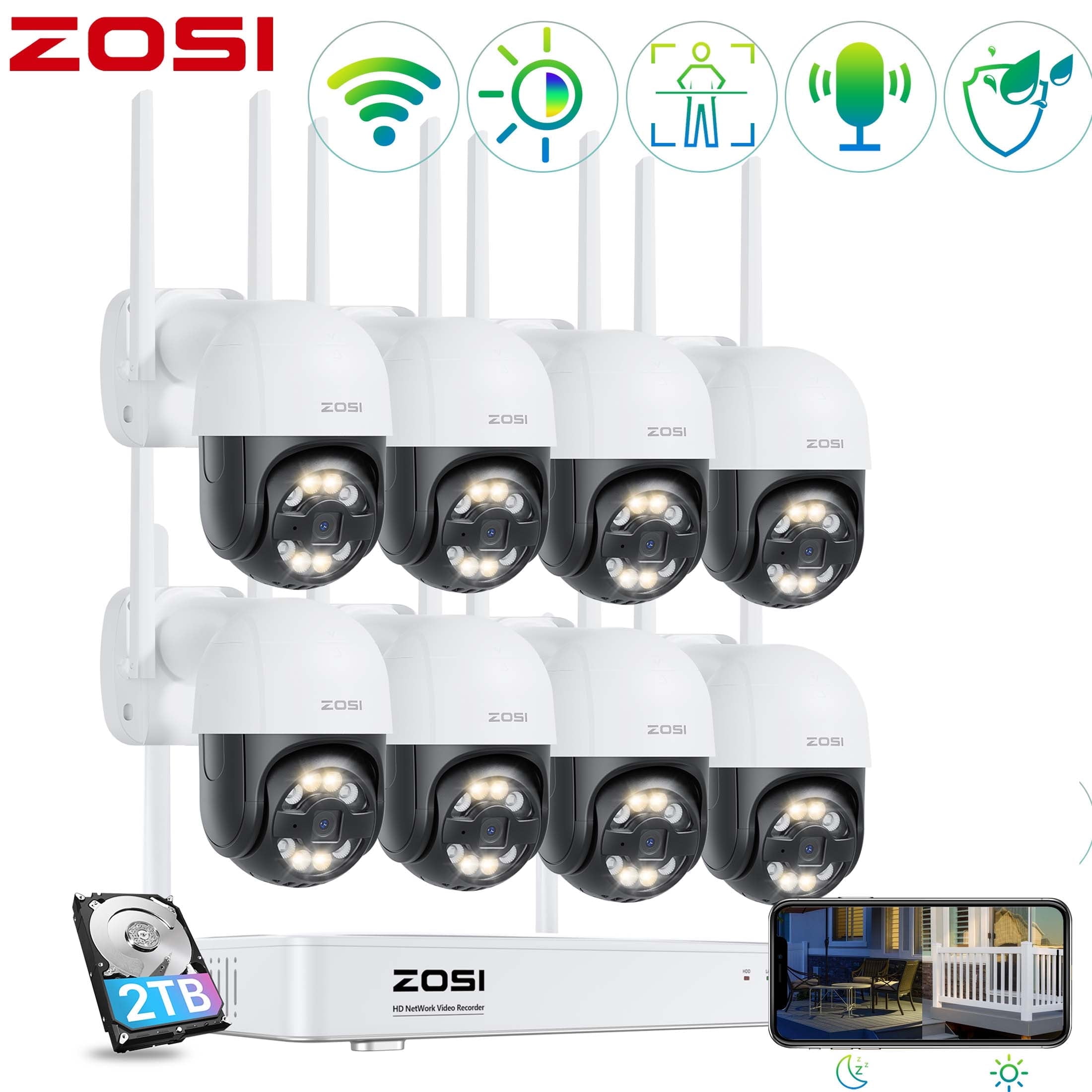 4MP Wireless Security Camera System, ZOSI PTZ WiFi Security Camera System, 8pcs Spotlight Security Camera with 2 Way Audio,Color Night Vision, 2TB for Home business Recording