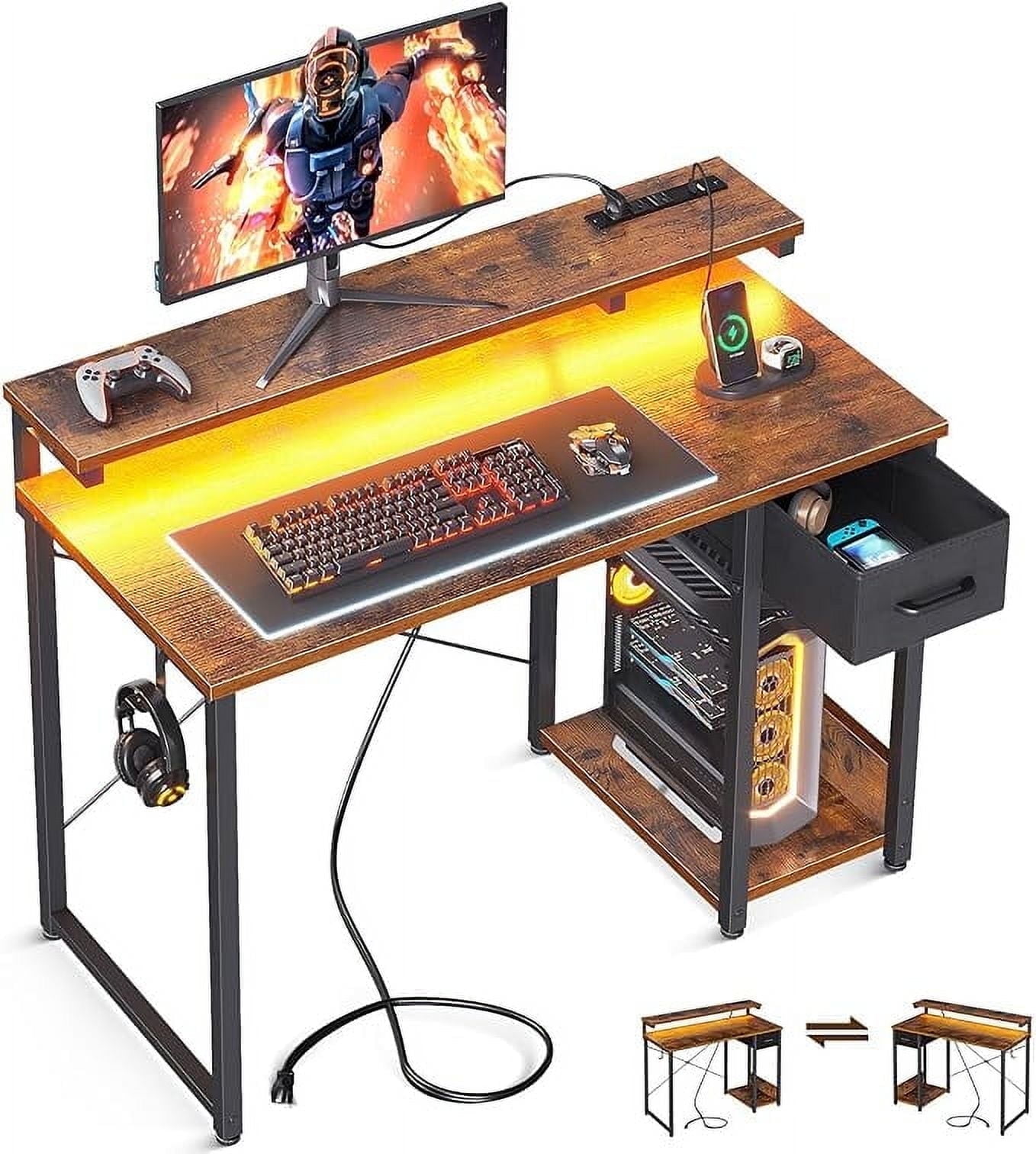 40 Inch Computer Desk with Drawers & Power Outlets, Study Writing Desk with Monitor Stand for Small Space, Modern Simple Style Laptop Desk for Bedroom, Gaming, Home Office, Vintage