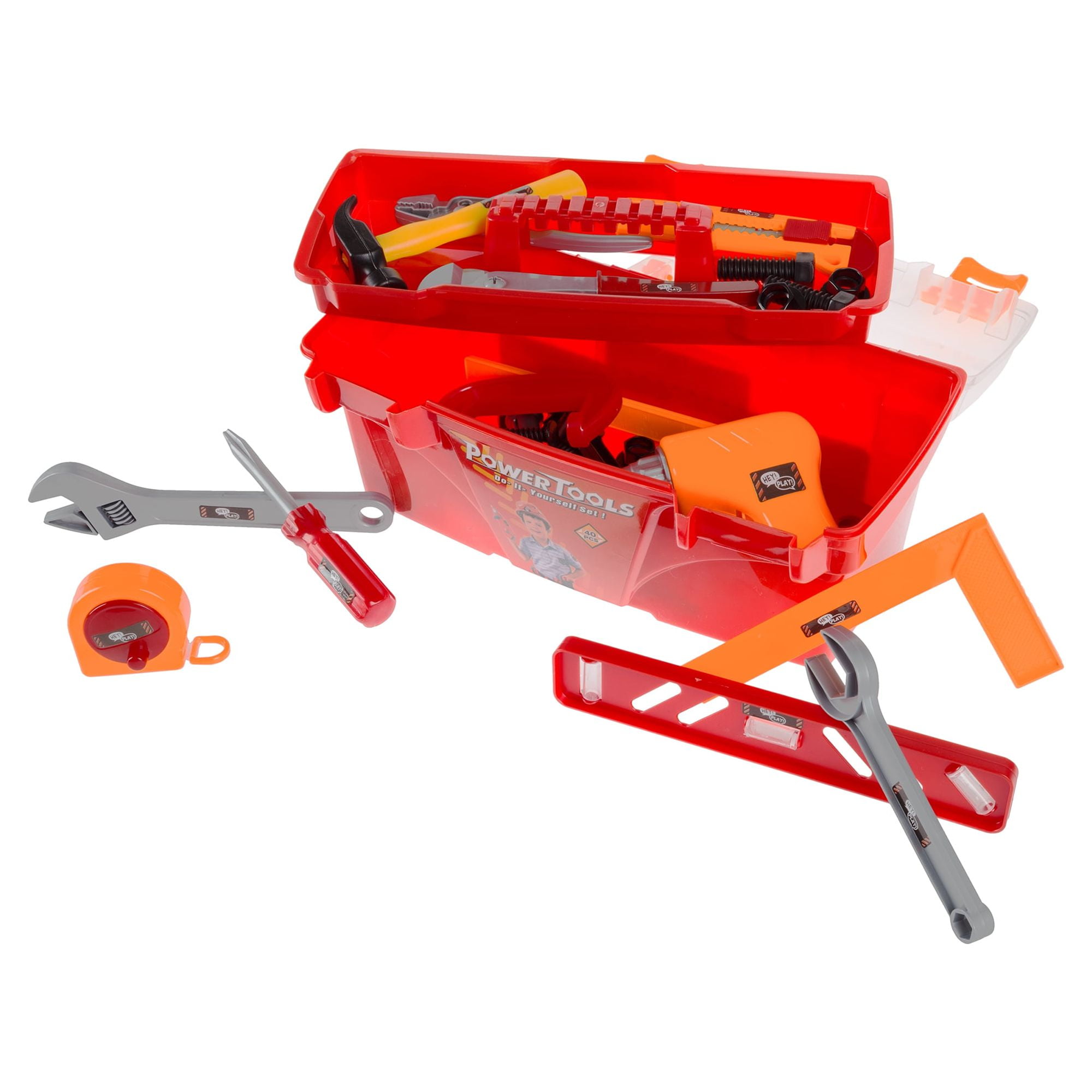 40-Piece Toy Tool Box Set-Pretend Play Construction Handyman Set for Boys and Girls-Includes Hammer, Screwdrivers, Drill, Bolts and More by Hey! Play!