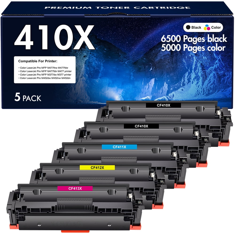 410A 410X High Yield Toner Cartridge Compatible for HP 410X CF410X 410A CF410A Color Laserjet MFP M477fnw M477fdw M477fdn M452dn M452nw M452dw M377 M477 M452 Printer Ink 5-Pack