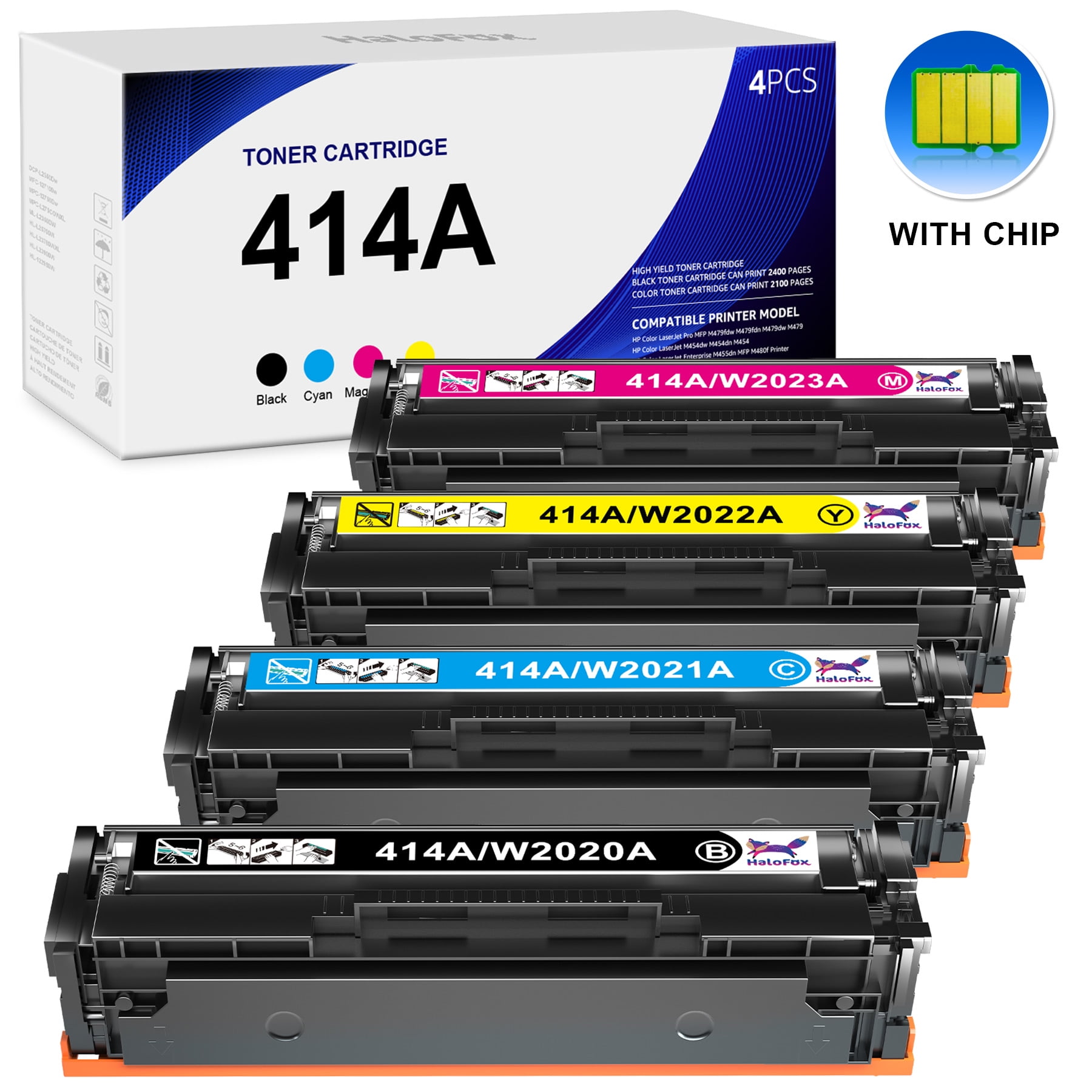414A 414X Toner Cartridges(with Chip) Compatible for HP 414A W2020A Color Pro MFP M479fdw M479fdn M479dw M479dn M479 M454dw M454dn (Black Cyan Magenta Yellow,4 Pack)