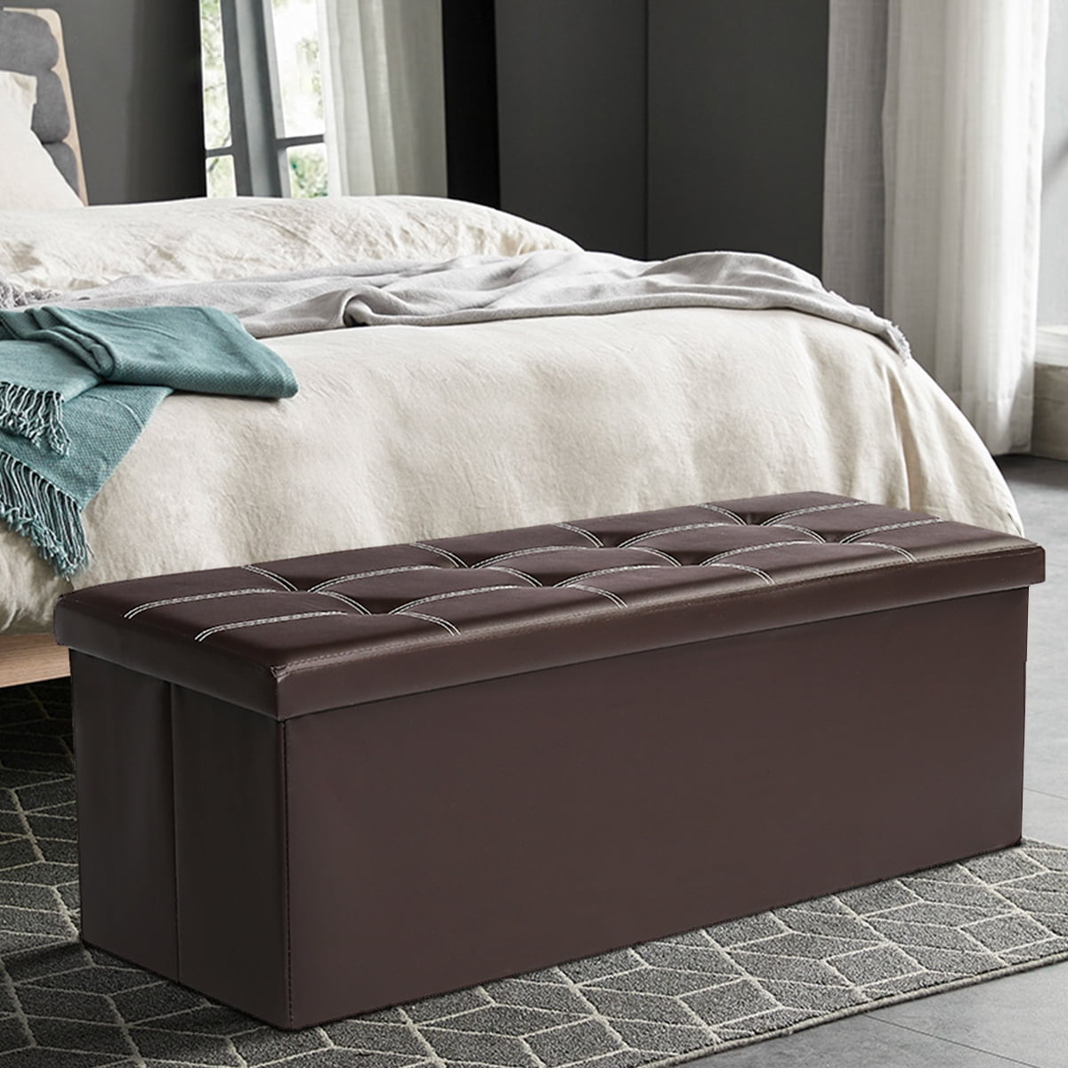 43" Ottoman with Storage Bench for Bedroom, Long End of Bed Seat with Storage Ottoman Bench, Large Folding Faux Leather Footrest Toy Chest for Living Room, Brown