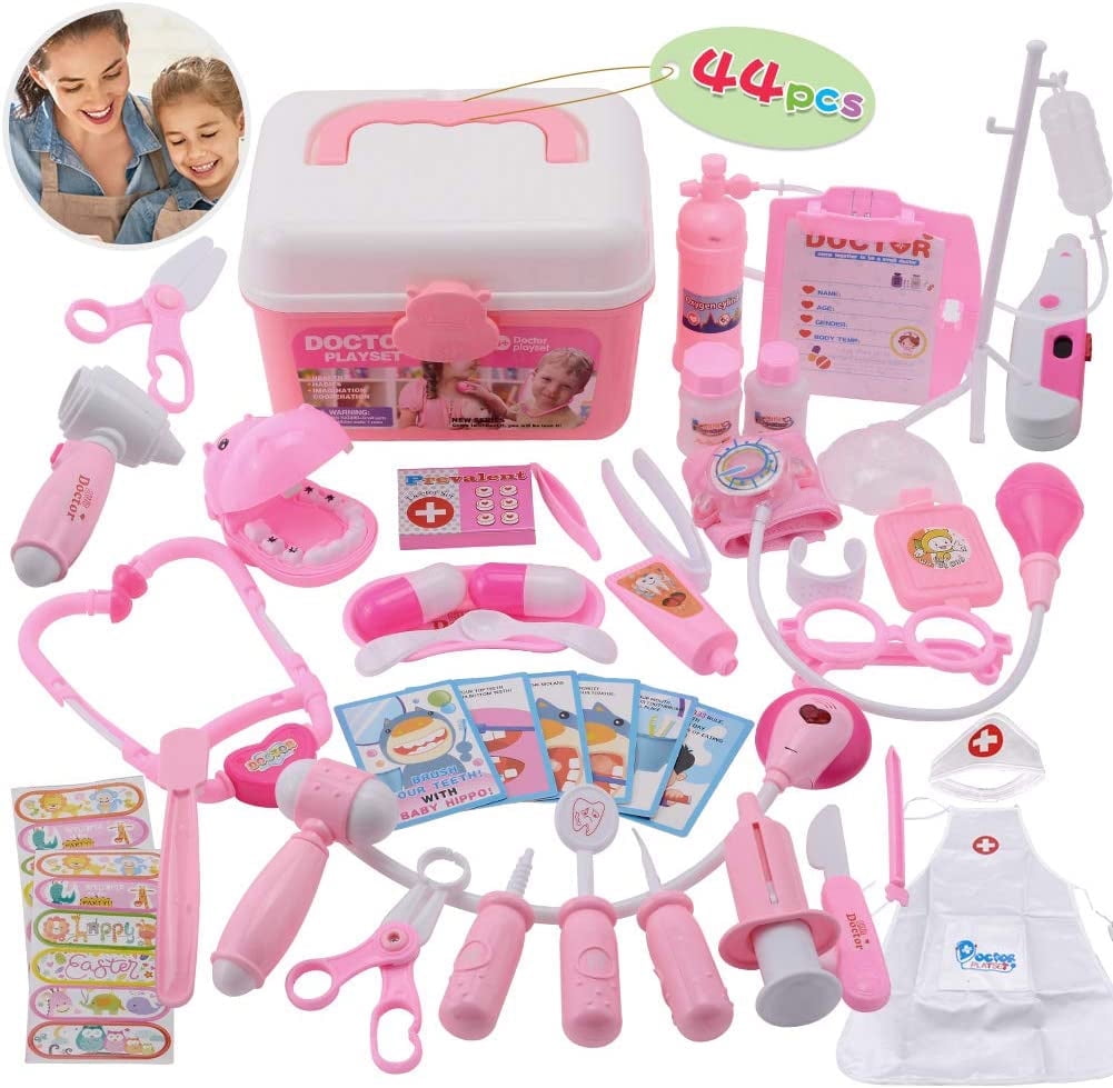 44 Pieces Educational Doctor Pretend Play Toy Set Dentist Medical Kit with Storage Box & Lights & Sounds for Doctor Roleplay-Pink