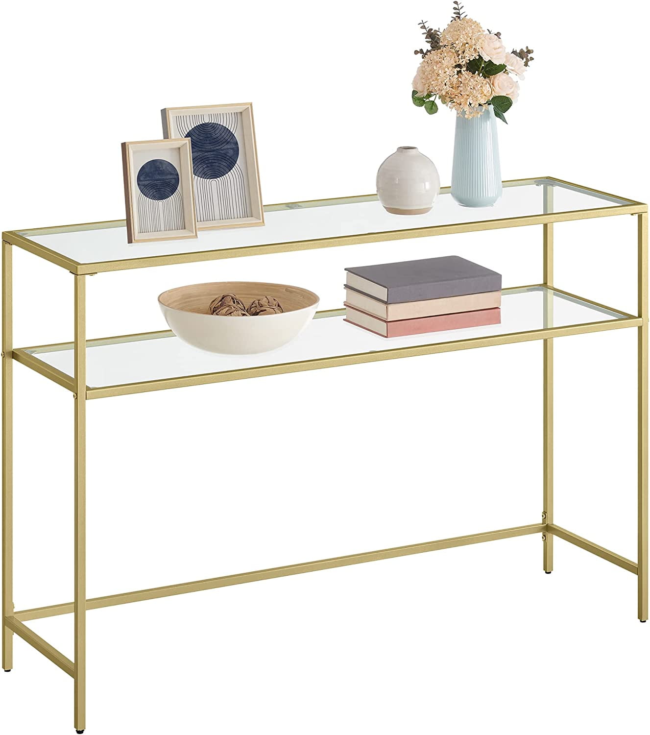 47.2" Console Sofa Table Modern Entryway Table Tempered Glass Table 2 Shelves for Living Room Hallway Gold Color